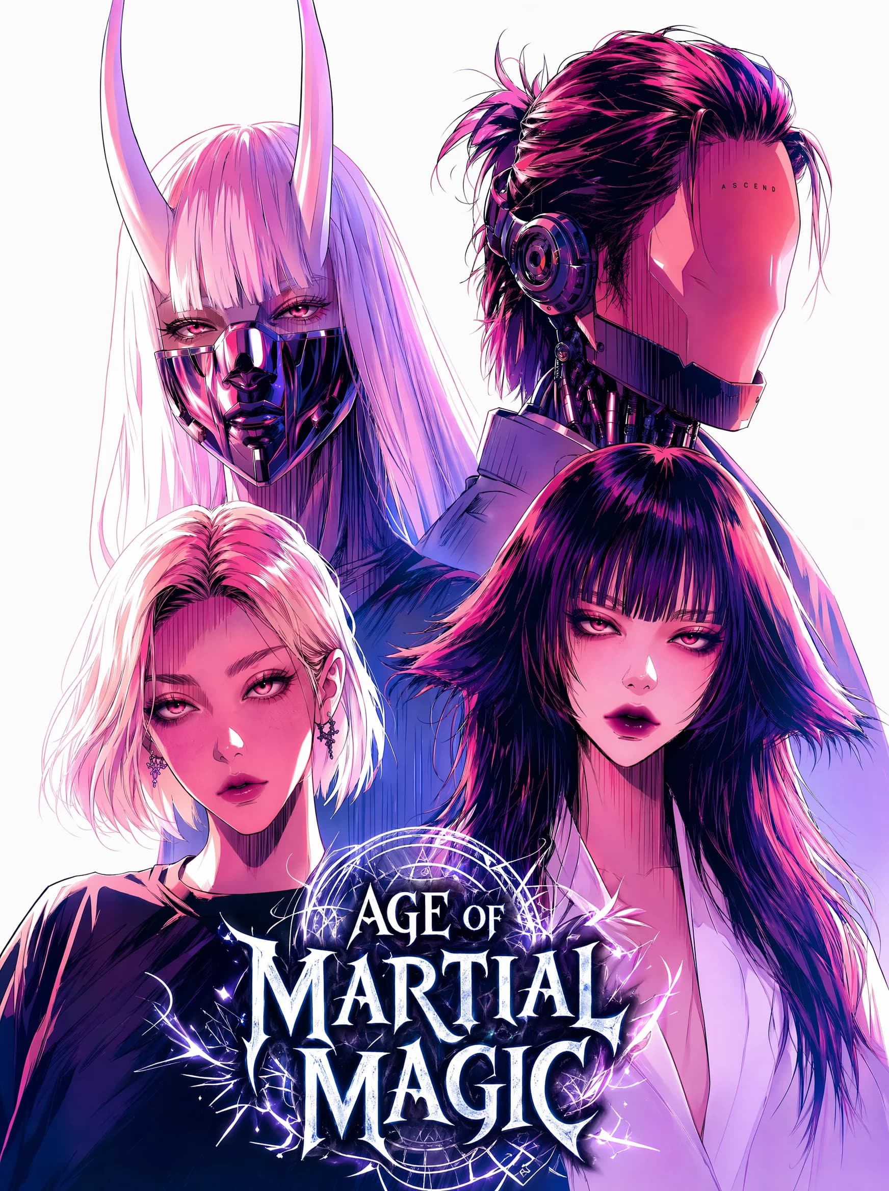 A four-figure anime cover composition: top-left a silver-horned masked figure, top-right a masked cybernaut in headphones, bottom-left a blonde with cropped hair, bottom-right a long-haired pink-eyed figure; title text.