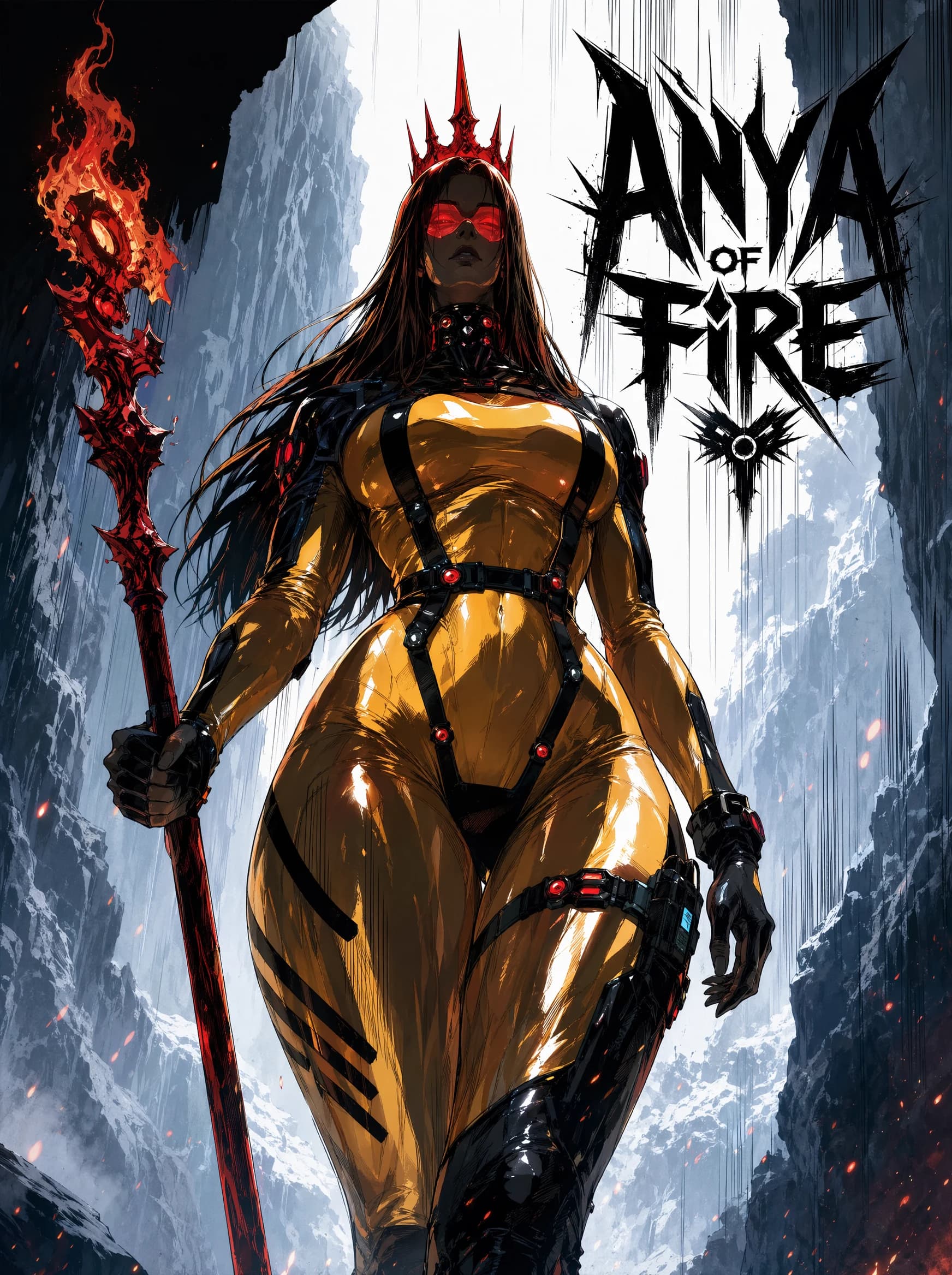 A fantasy poster of a long-brown-haired figure in a black-and-yellow bodysuit with red gem accents and a spiked crown, glowing red visor across the eyes, holding a tall flaming staff in a stone canyon, with jagged.