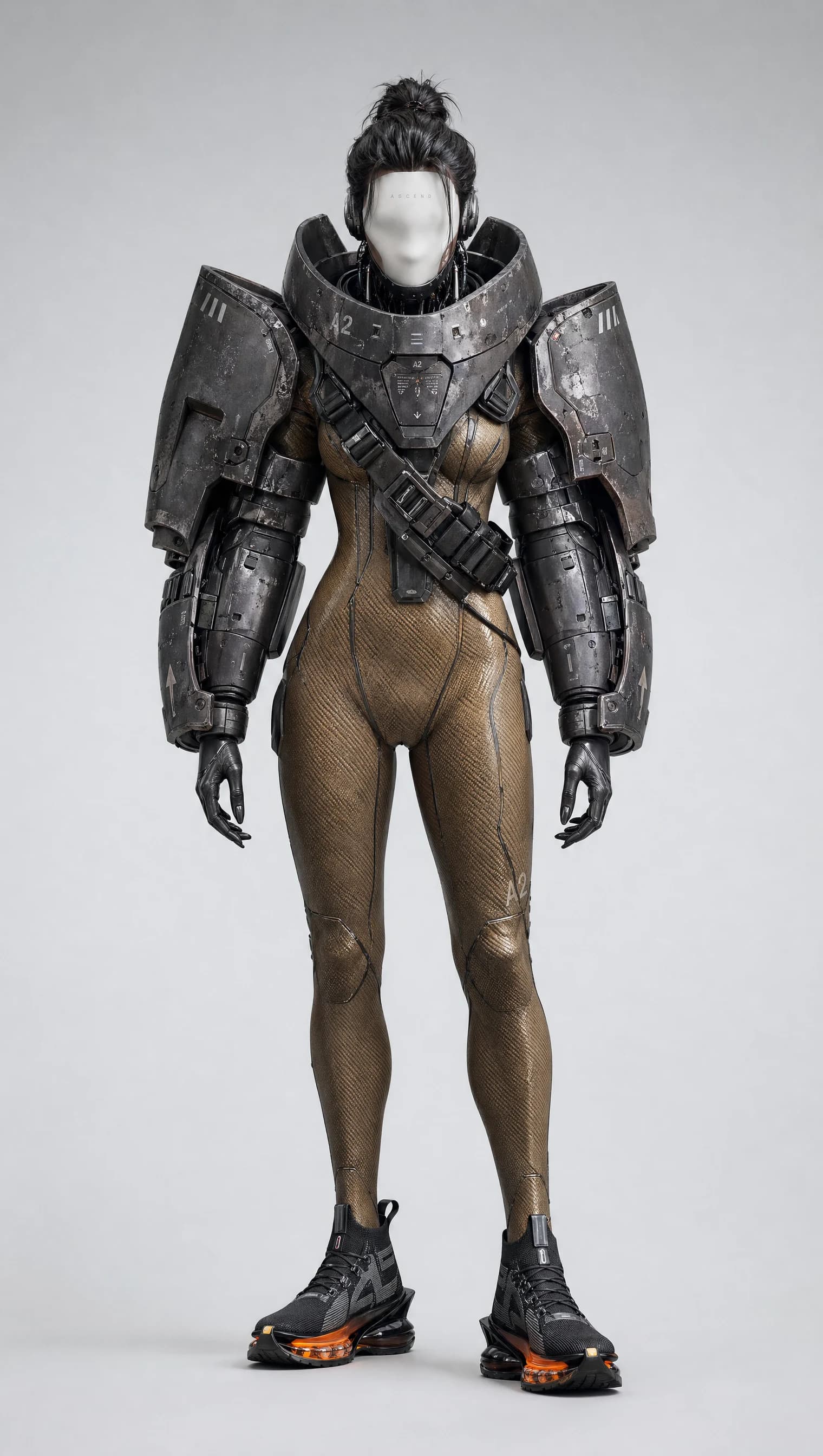 Photoreal full-body front view of the A2 exoshell on a plain studio backdrop: blank-faced figure with a topknot, brown bodysuit, heavy grey shoulder and arm armor, dark sneaker boots.