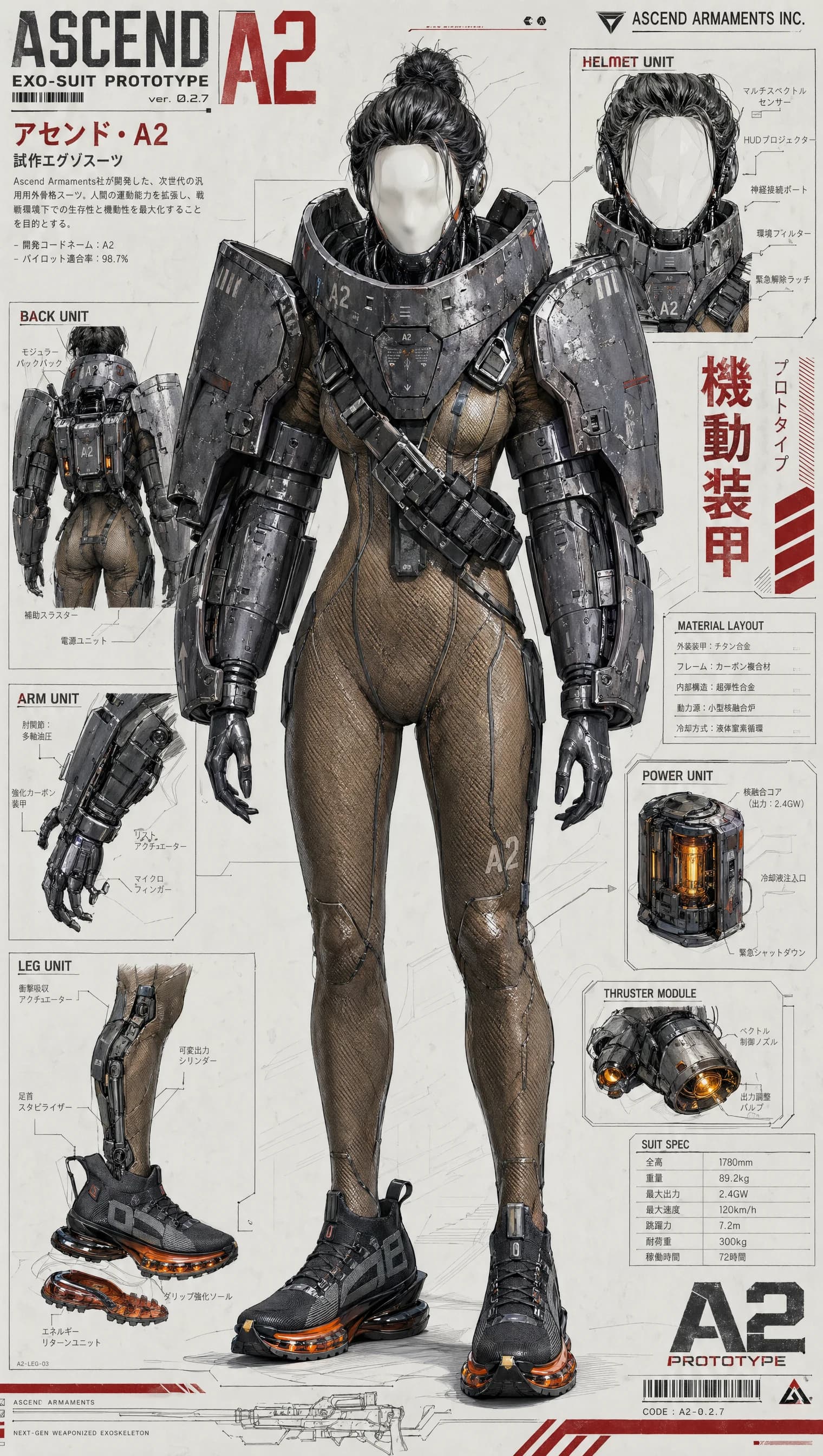 Polished tech-sheet: ASCEND A2 EXO-SUIT PROTOTYPE. Brown-bodysuit figure in heavy grey exo armor centered, with callouts for helmet, back unit, arm and leg modules, power core, thruster module, Japanese kanji.