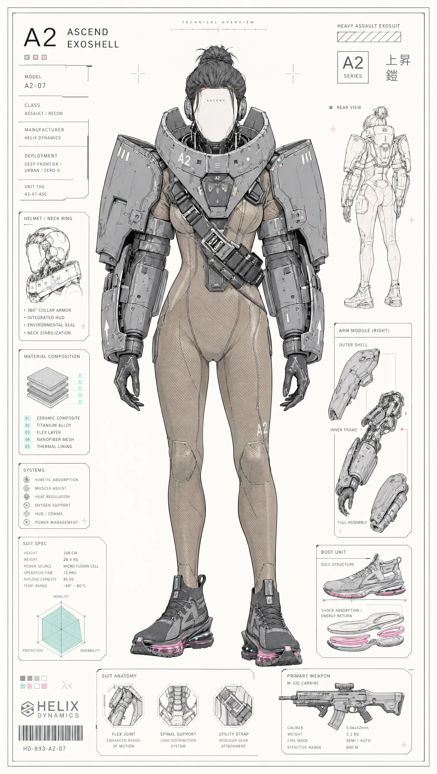Earlier tech sheet titled ASCEND EXOSHELL A2-87 with diagrams of helmet visor, arm modules, body unit, foot system, and primary weapon; Helix Dynamics logo at the bottom.