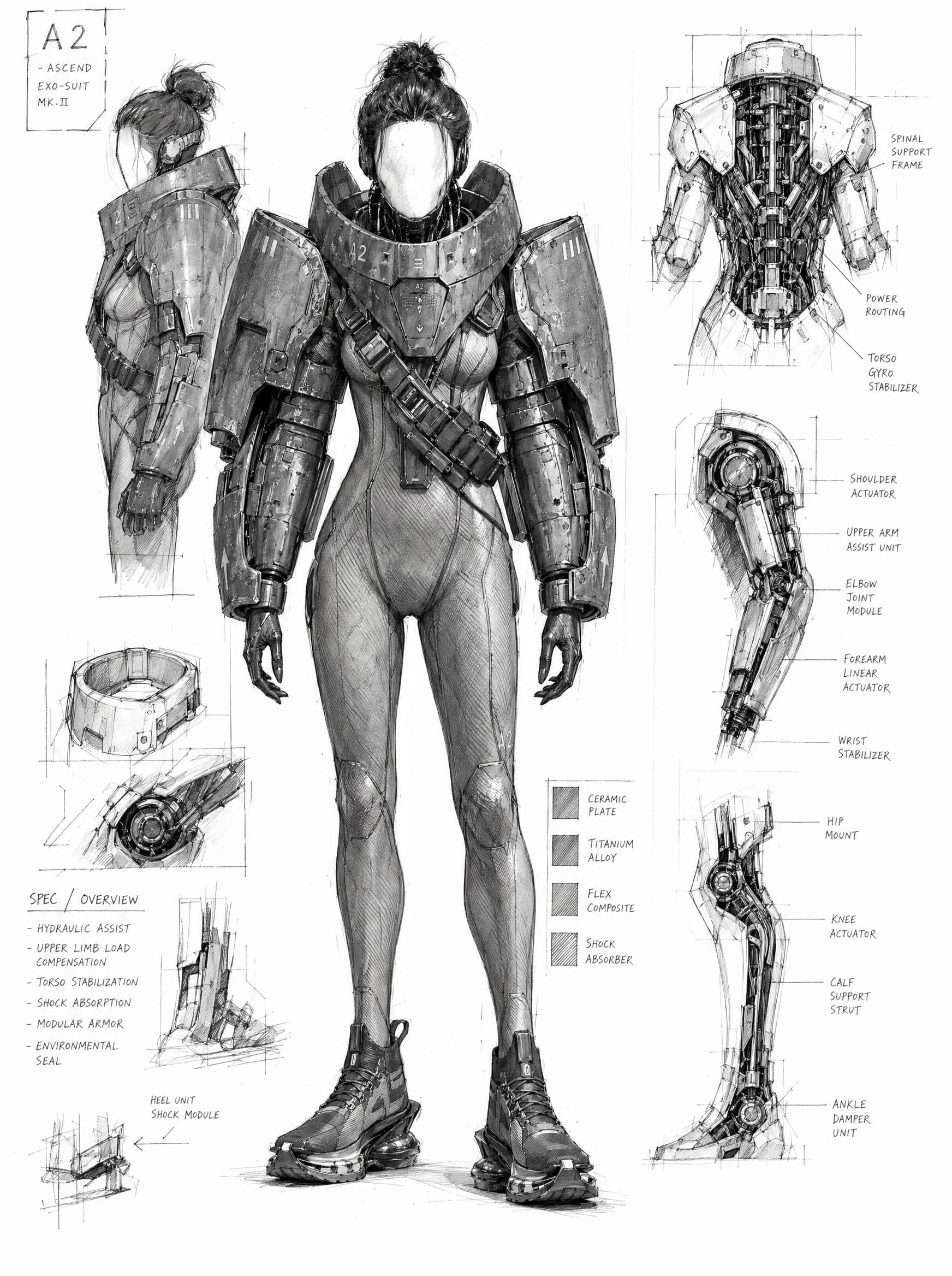 Black-and-white pencil concept sketch of the A2 ASCEND EXO-SUIT MK.II, with callouts for shoulder actuator, upper-arm assist, wrist stabilizer, knee actuator, and foot system.
