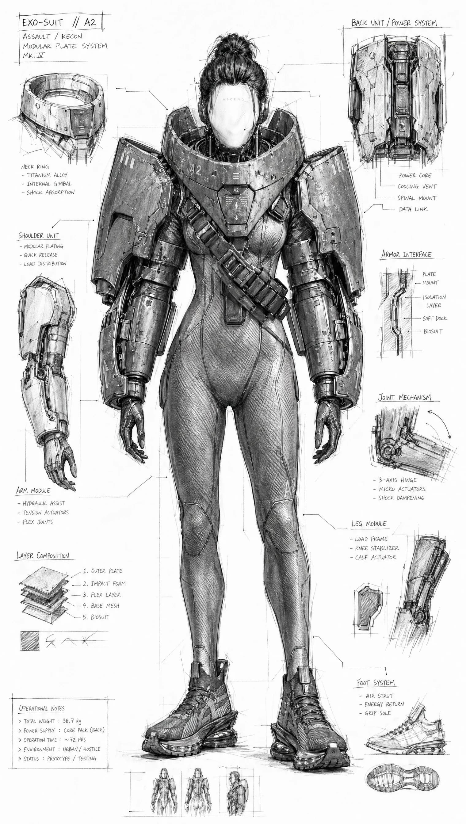 Detailed black-and-white concept sketch labeled EXO-SUIT // A2, with annotations for helmet, back unit, arm modules, joint mechanisms, layer construction, internal fits, and foot system.