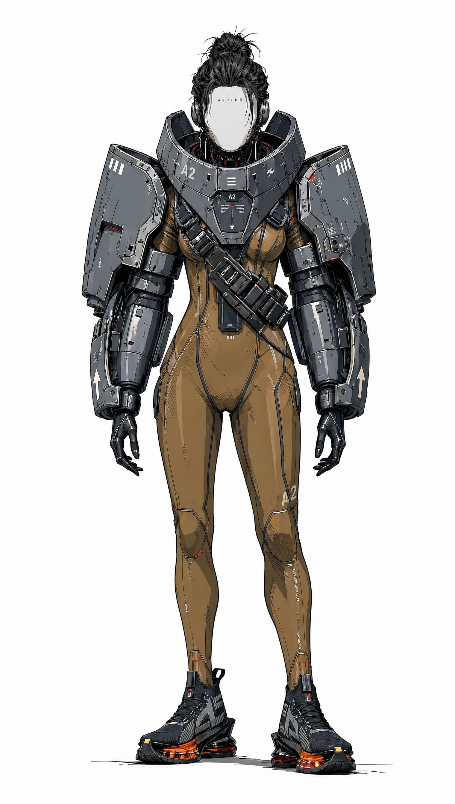 Anime stylization of the A2 exoshell: same brown bodysuit and grey armor, blank-faced helmet with topknot, A2 stamps on the shoulders, against a near-white background.