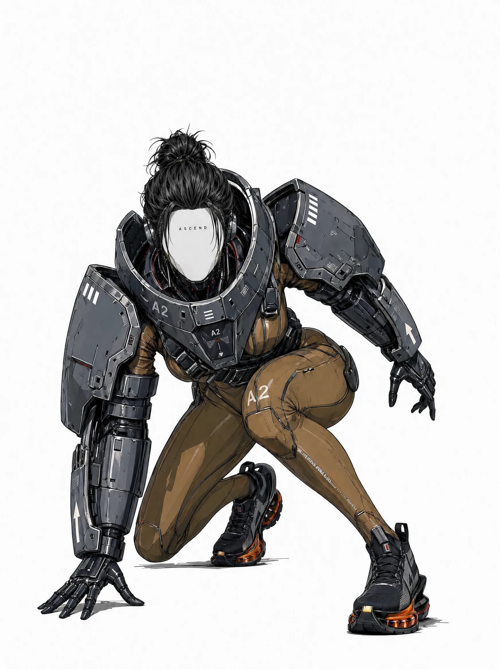 Anime version of the A2 exoshell in a low crouched stance, one knee on the ground, helmet down, ready to spring; brown bodysuit, heavy grey armor, white background.