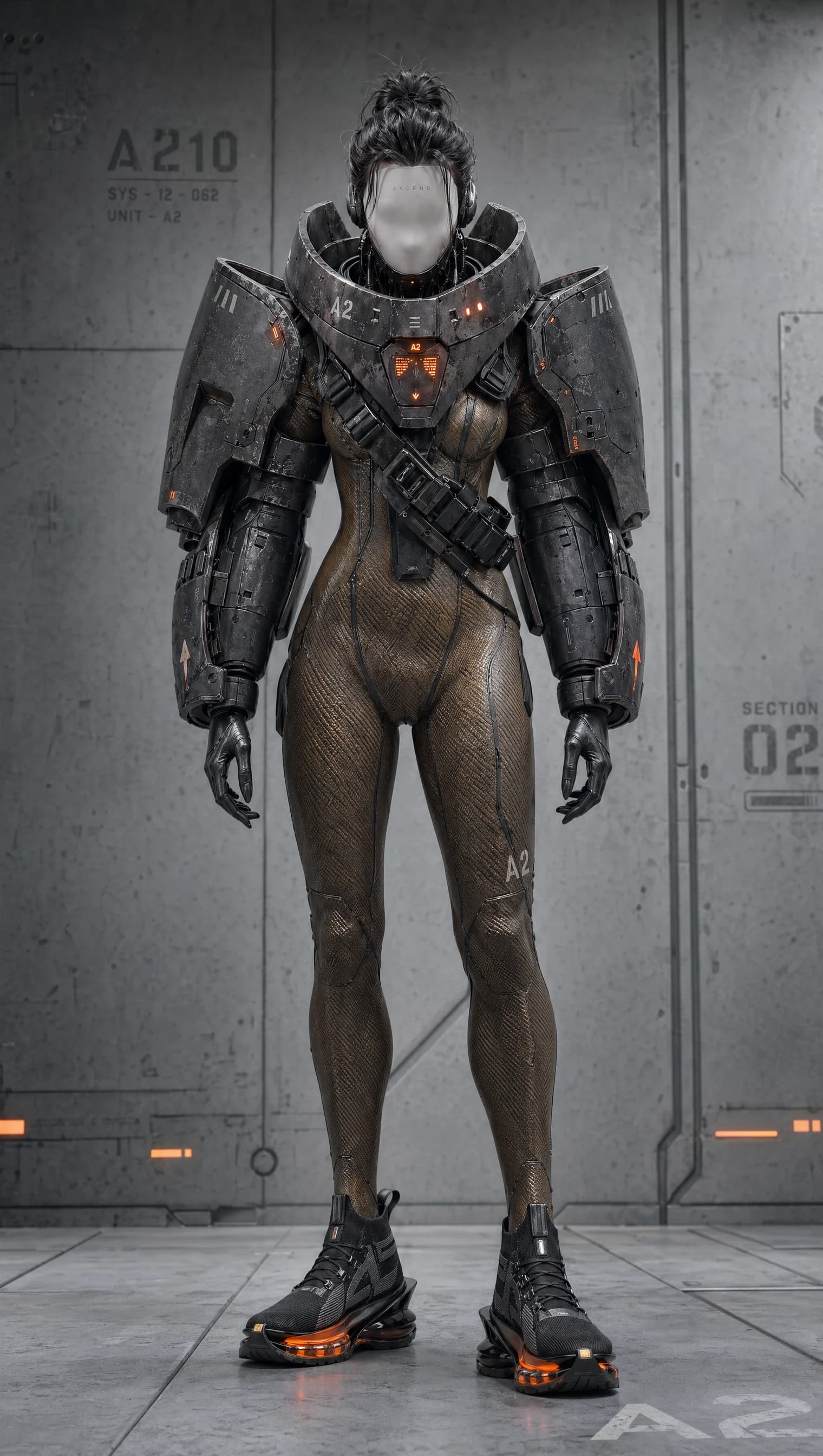 Photoreal in-environment shot of the A2 exoshell: brown-bodysuit figure in heavy grey shoulder armor stands in a grey hangar with A210 wall stencils and a Section 02 panel; orange thruster glow at the boots.