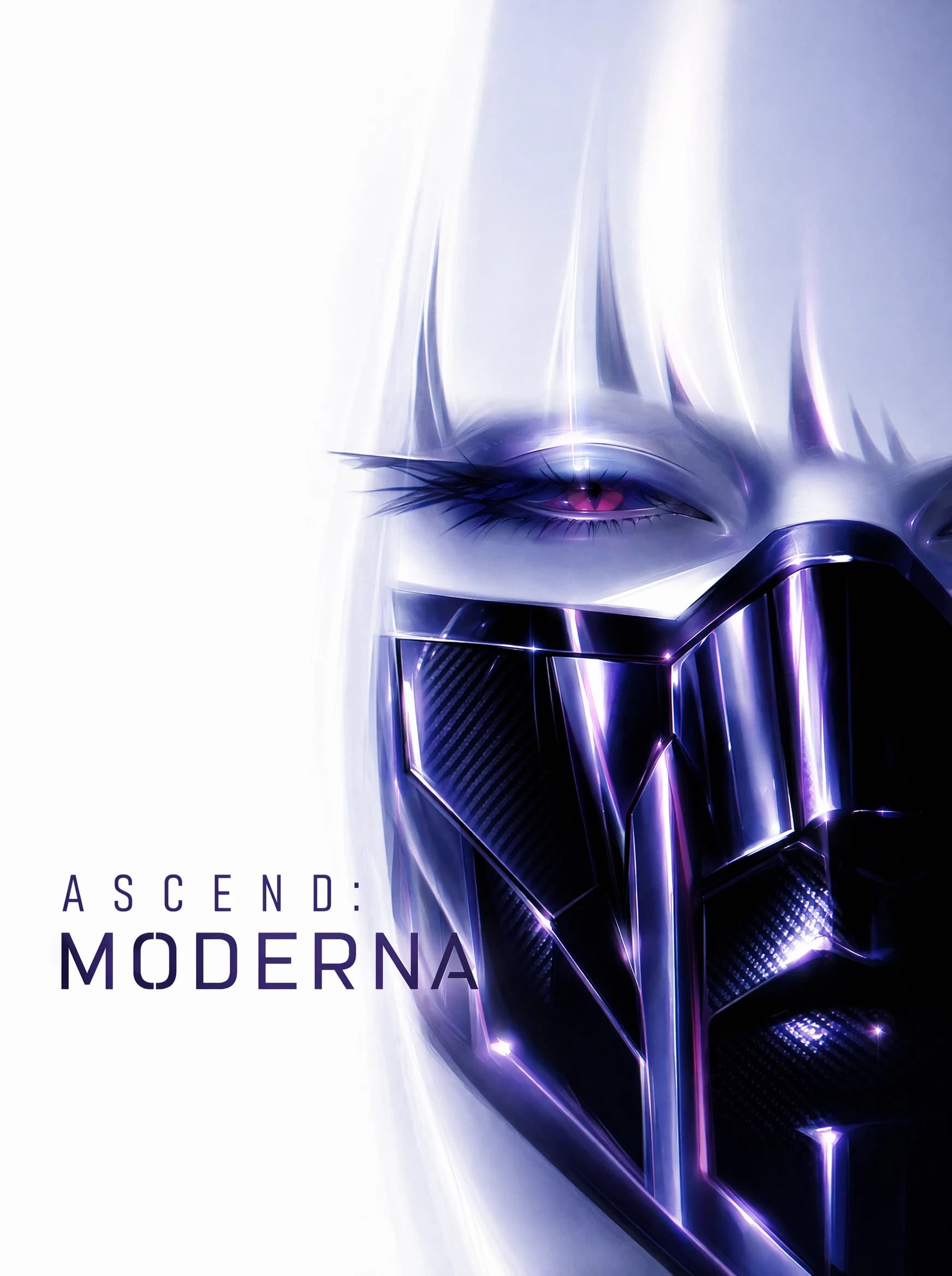 A sci-fi anime poster: an extreme close-up of a half-helmet covering the lower face, glossy violet plating with a carbon-fiber jaw guard, a single magenta eye visible above; title text "ASCEND: MODERNA" runs along the.