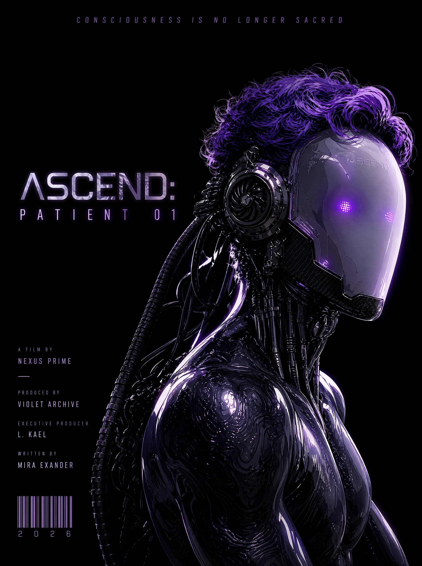 A sci-fi film poster: a humanoid figure in a glossy violet half-helmet bubble with two glowing dot-eyes, a black bodysuit threaded with cables, against a deep black background; tagline "CONSCIOUSNESS IS NO LONGER.