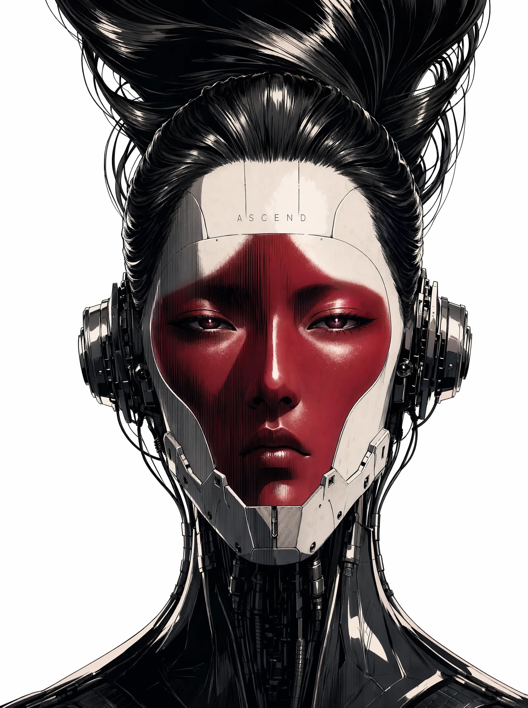 A sci-fi anime portrait of a cyborg figure with red kabuki face paint, hair pulled into a tall bun, mechanical jaw plating and headphone-like devices at the temples, with the small word ASCEND printed across the.
