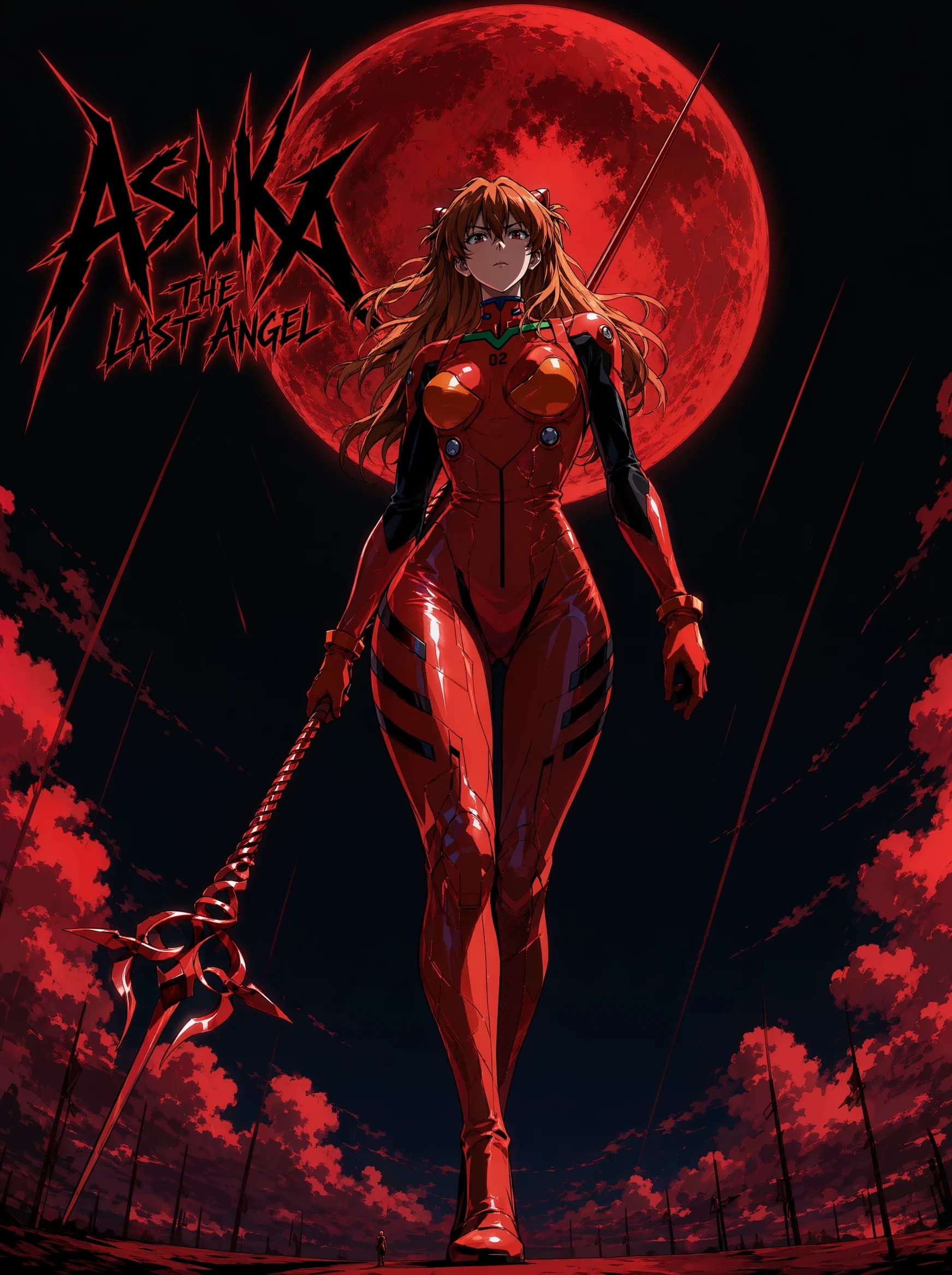 A red-toned anime poster of a long orange-haired figure in a glossy red plug-suit with black accents and neural connectors at the head, walking forward holding a tall thin glaive at her side, against a huge red full.