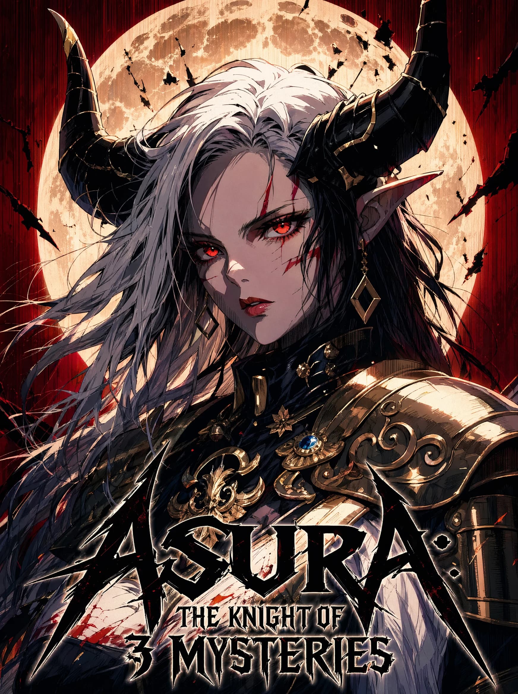 A fantasy book cover: a silver-haired horned warrior with red eyes, blood streaks across the face, gold-trimmed plate armor at the shoulder, against a torn full red moon and dark sky; title "ASURA: THE KNIGHT OF 3.
