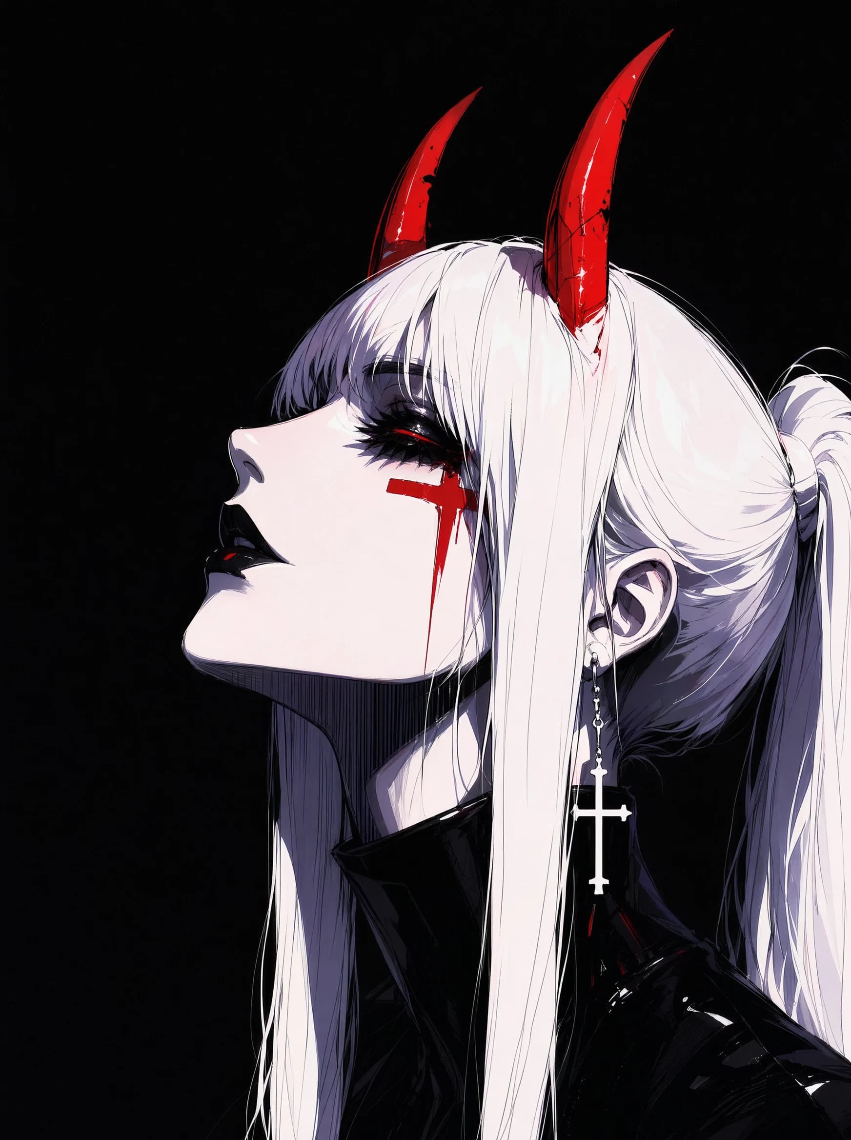 A profile anime portrait of a white-haired figure facing left, two red horns curling forward from the brow, a thick red cross painted under the visible eye streaming down the cheek, dark lipstick, and a long cross.