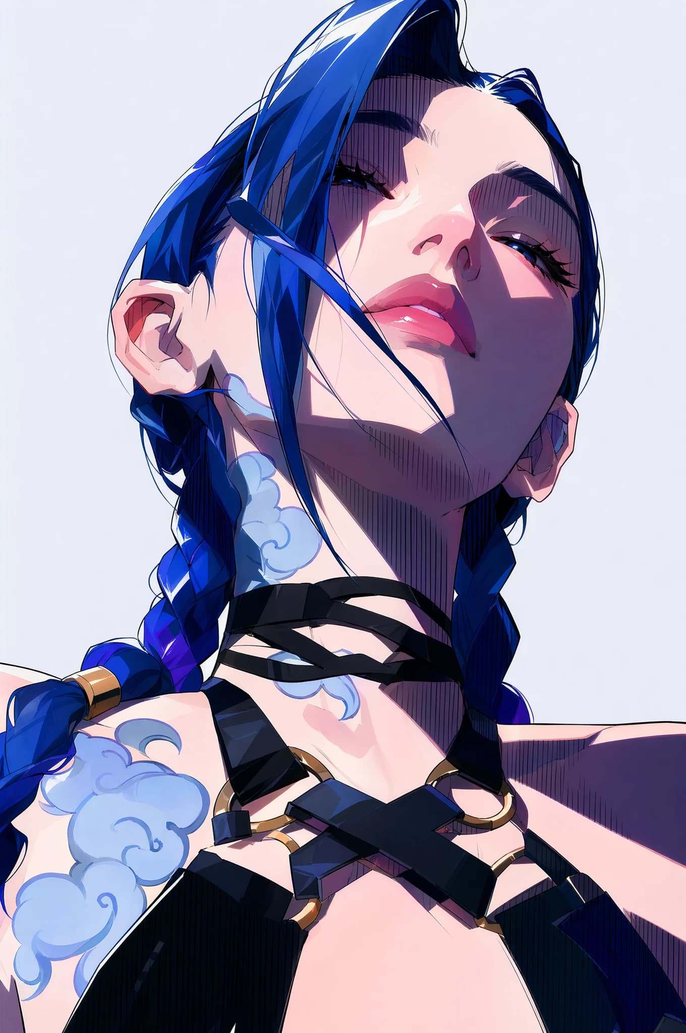 An anime portrait of a blue-braided figure with head tilted back, eyes closed, wisps of cartoon smoke around the skin, a black-strap harness with gold rings framing the collarbones.