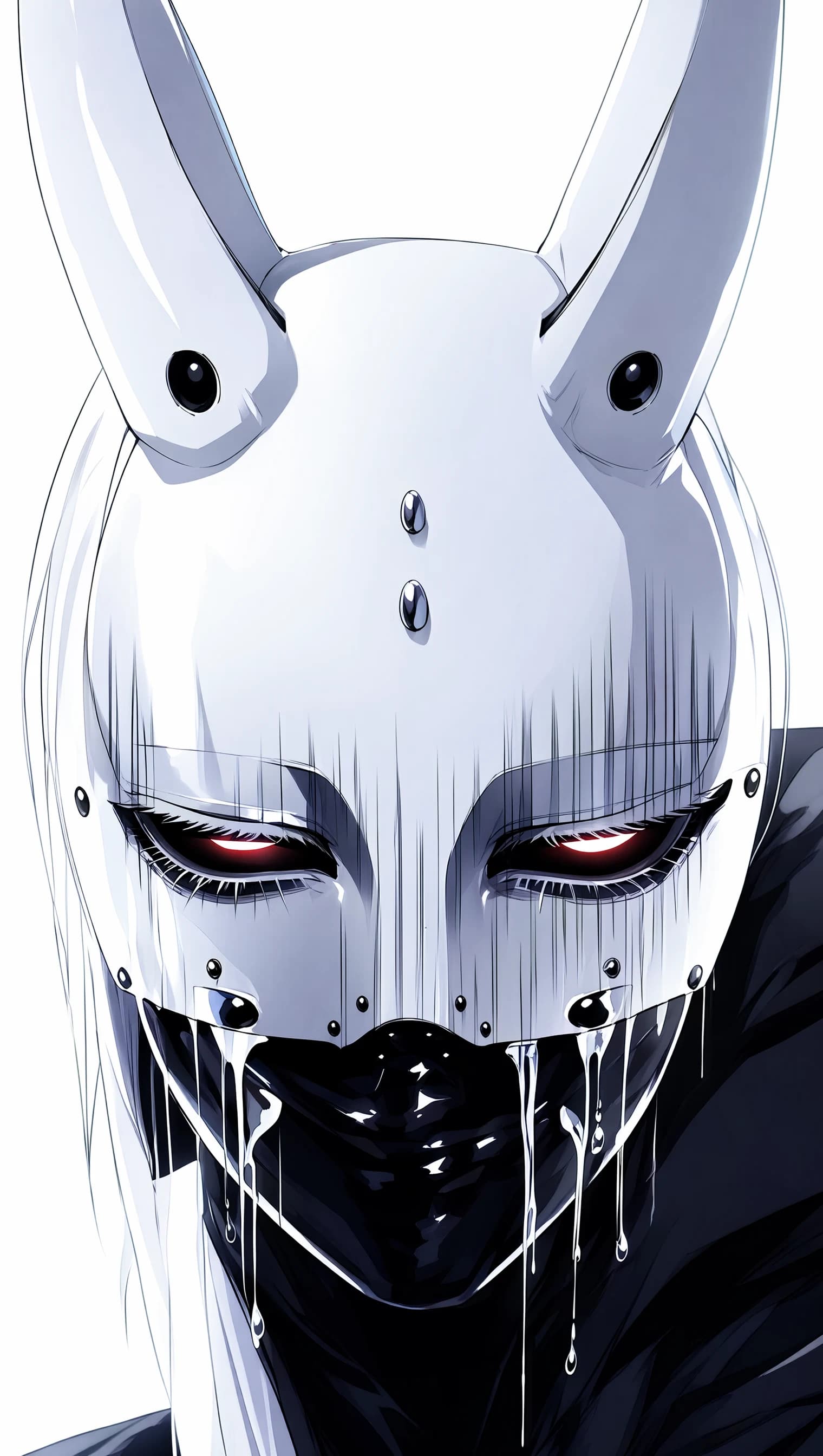 A horror-cyberpunk portrait of a hooded figure in a white riveted bunny mask, two long ears, red eyes glowing through the eye slits, black liquid dripping from the mouth-area piercings down the front of the mask.