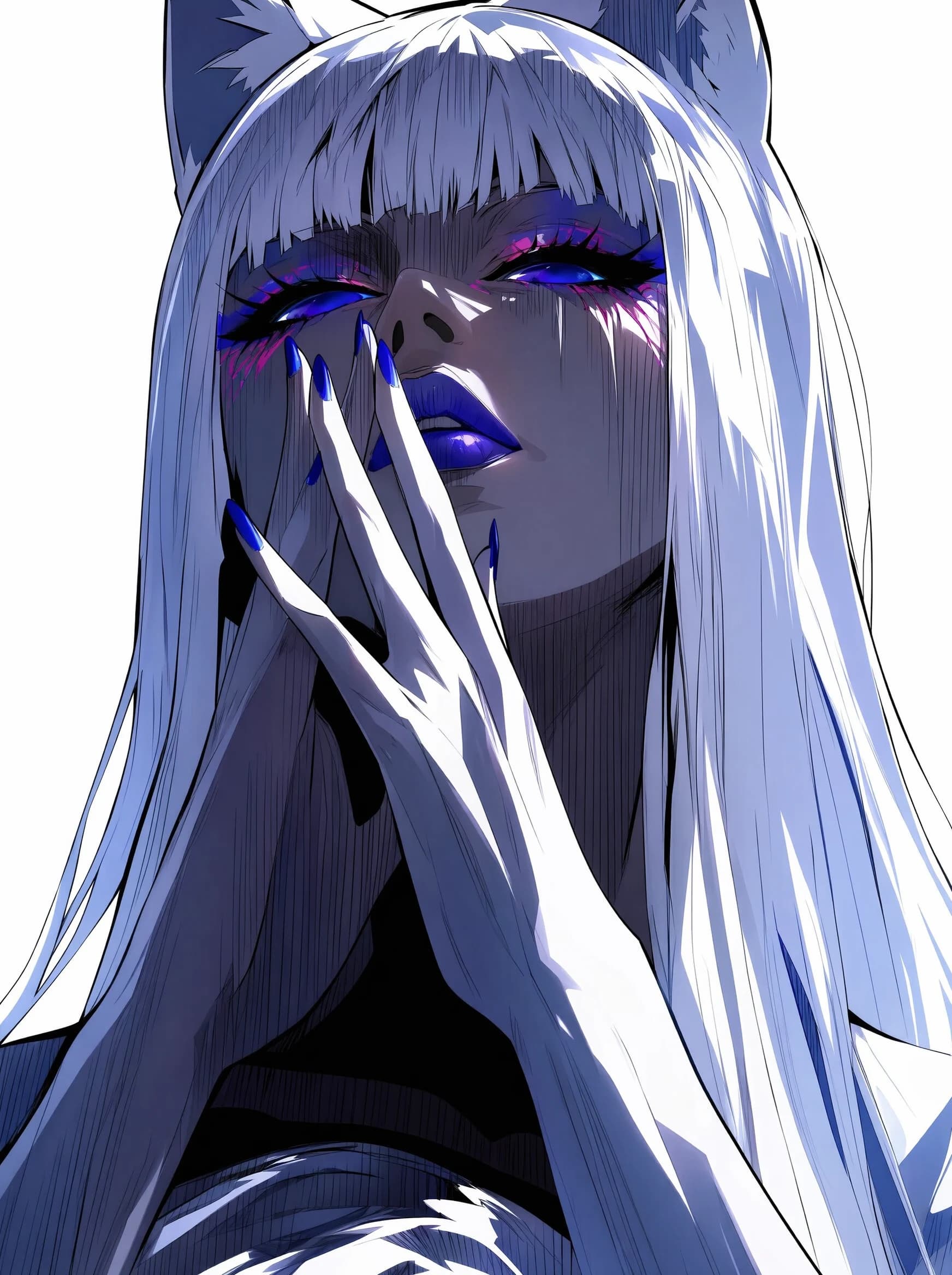 A pale anime portrait against a near-white background: white hair, cat ears, eyes closed under iridescent purple makeup that runs down the cheek; a hand half-covers the face, lips and nails are deep cobalt.
