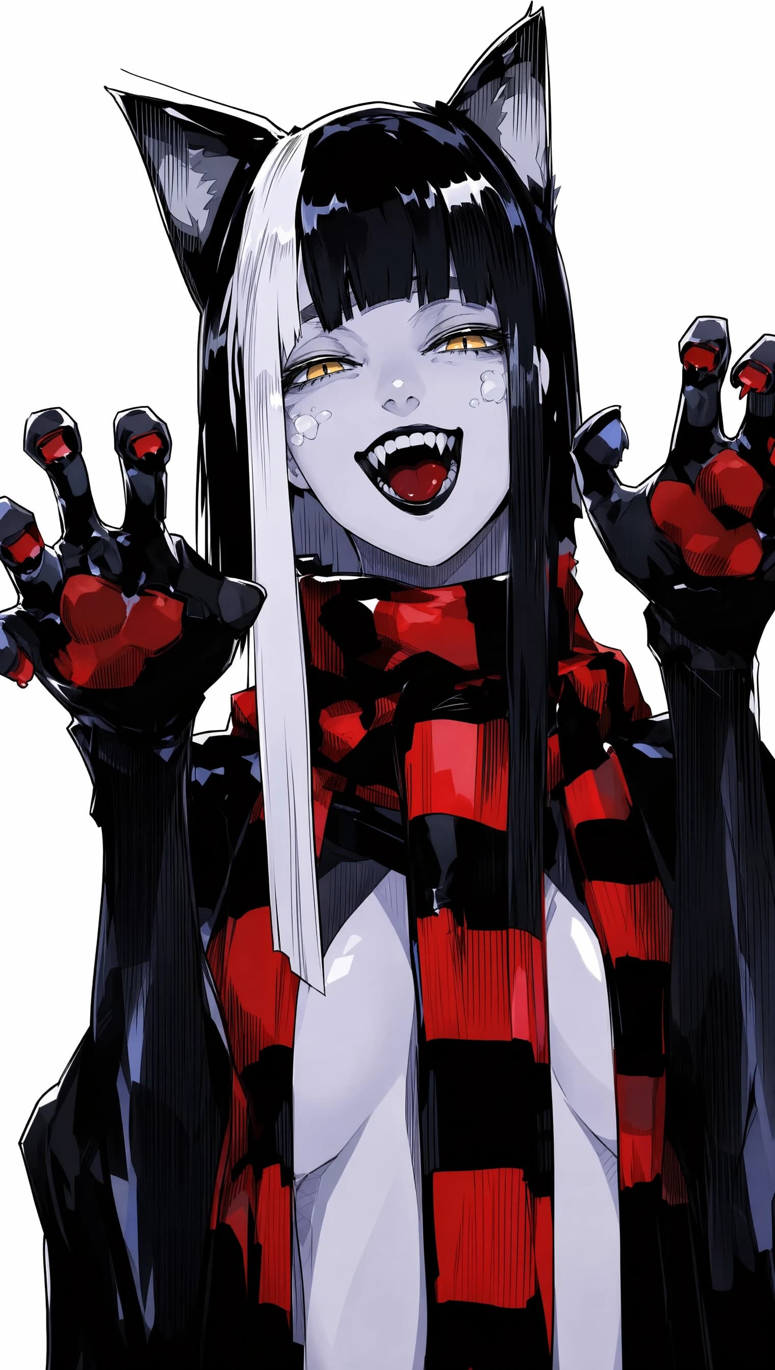 An anime portrait of a cat-eared figure with split black-and-white hair, yellow eyes, and a wide fanged grin, hands clawed up beside the face, wearing a red and black checkered scarf against a near-white background.