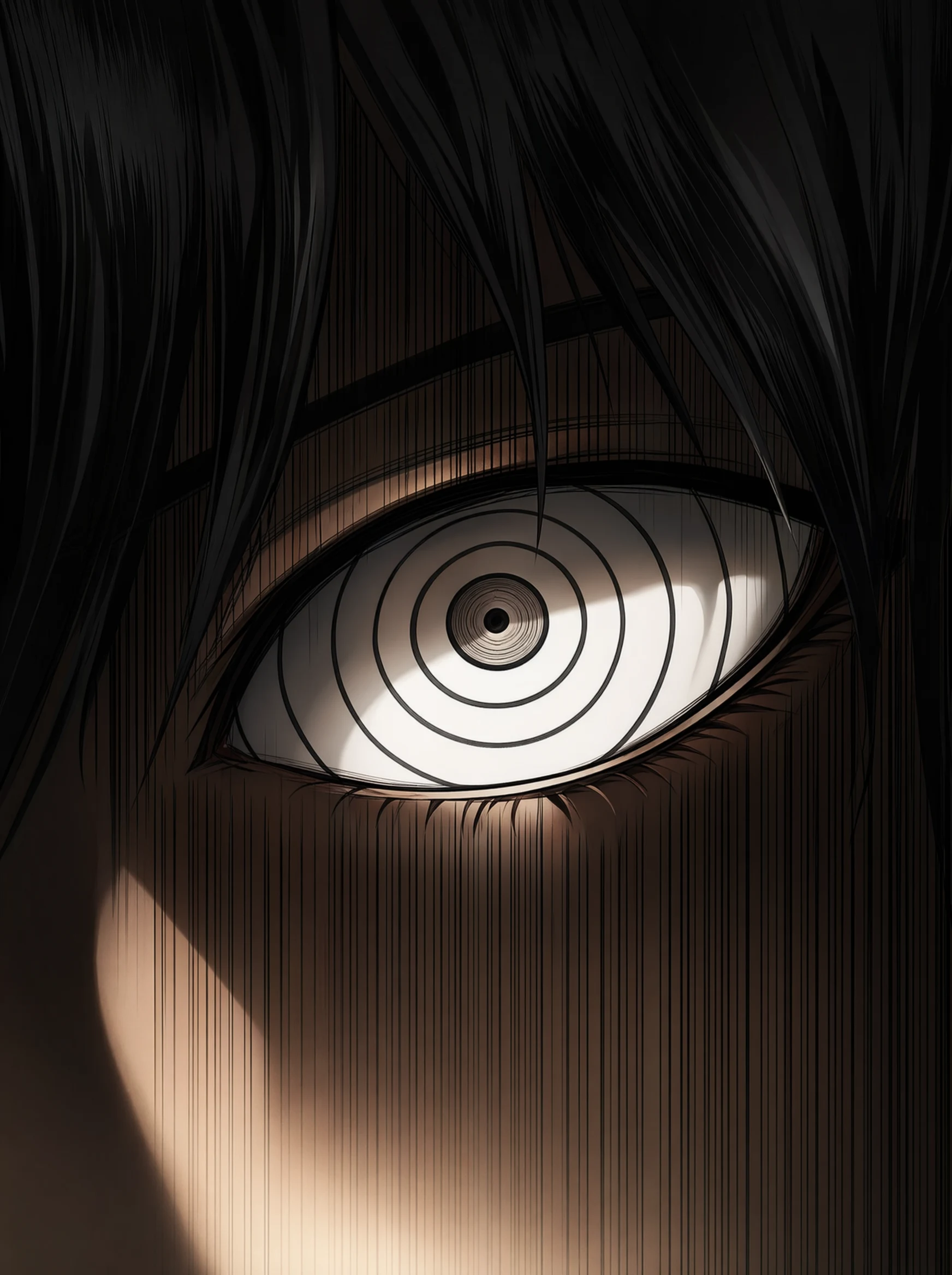 An extreme close-up of one eye in a sepia-toned anime portrait: the iris and pupil resolve into concentric ringed circles, framed by black bangs and dark lashes, lit dramatically from the upper right.