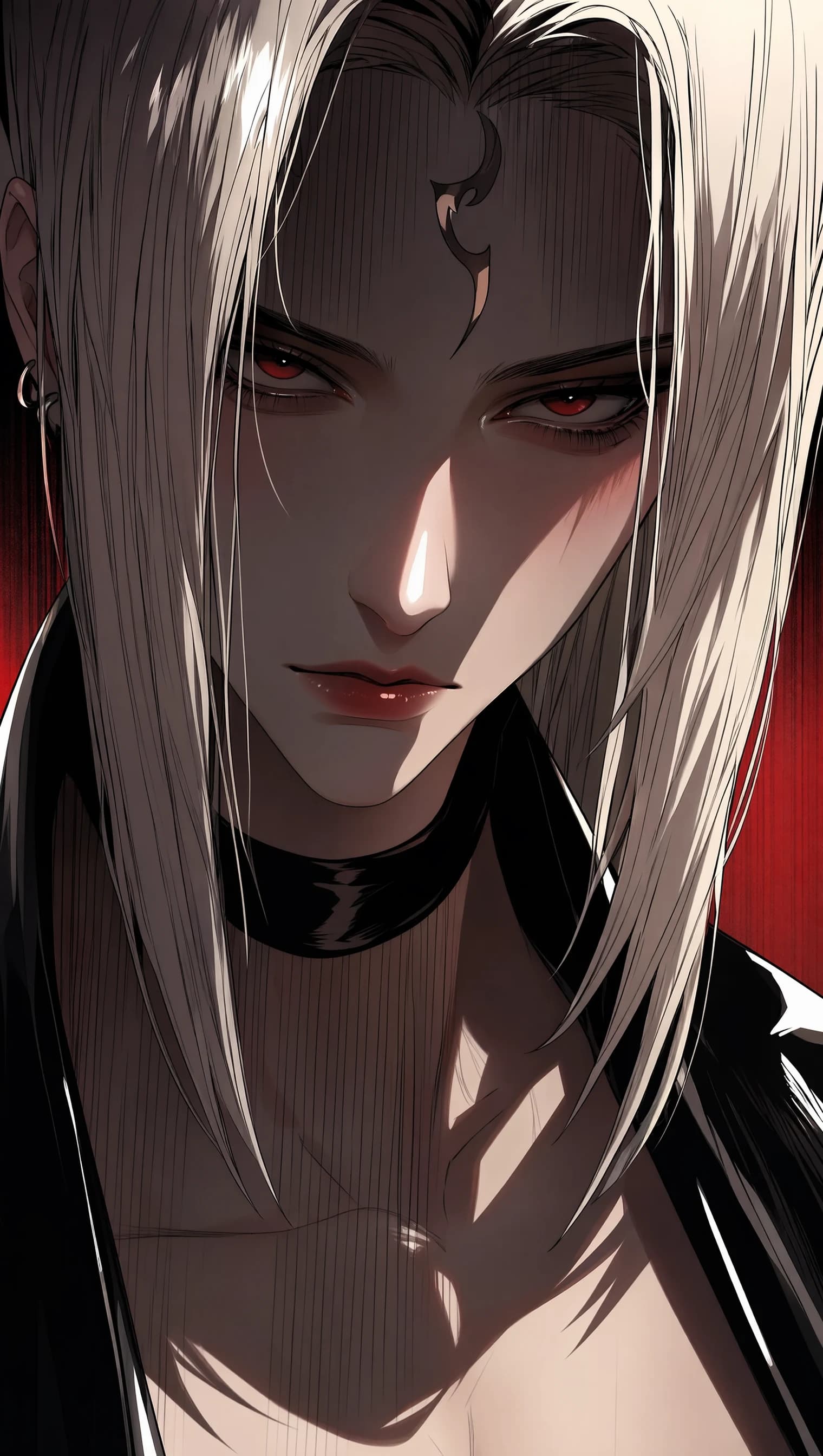 An anime-style portrait: long white hair past a black collar, a single black crescent mark on the forehead, red eyes, red lips, a black choker, against a warm red background.