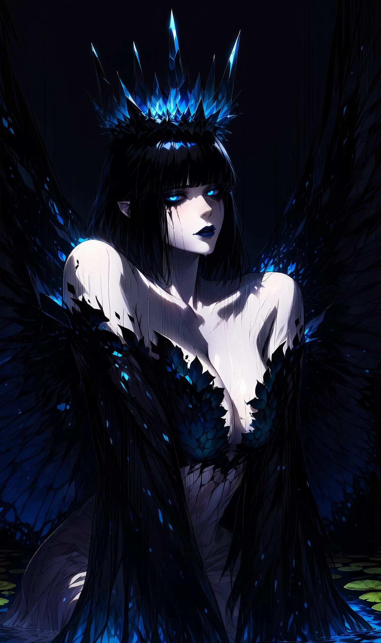 An anime portrait of a winged figure with a jagged glass crown lit pale blue, dark hair, glowing blue eyes, dark scaled bodice, raven-like wings spreading wide against a near-black background.