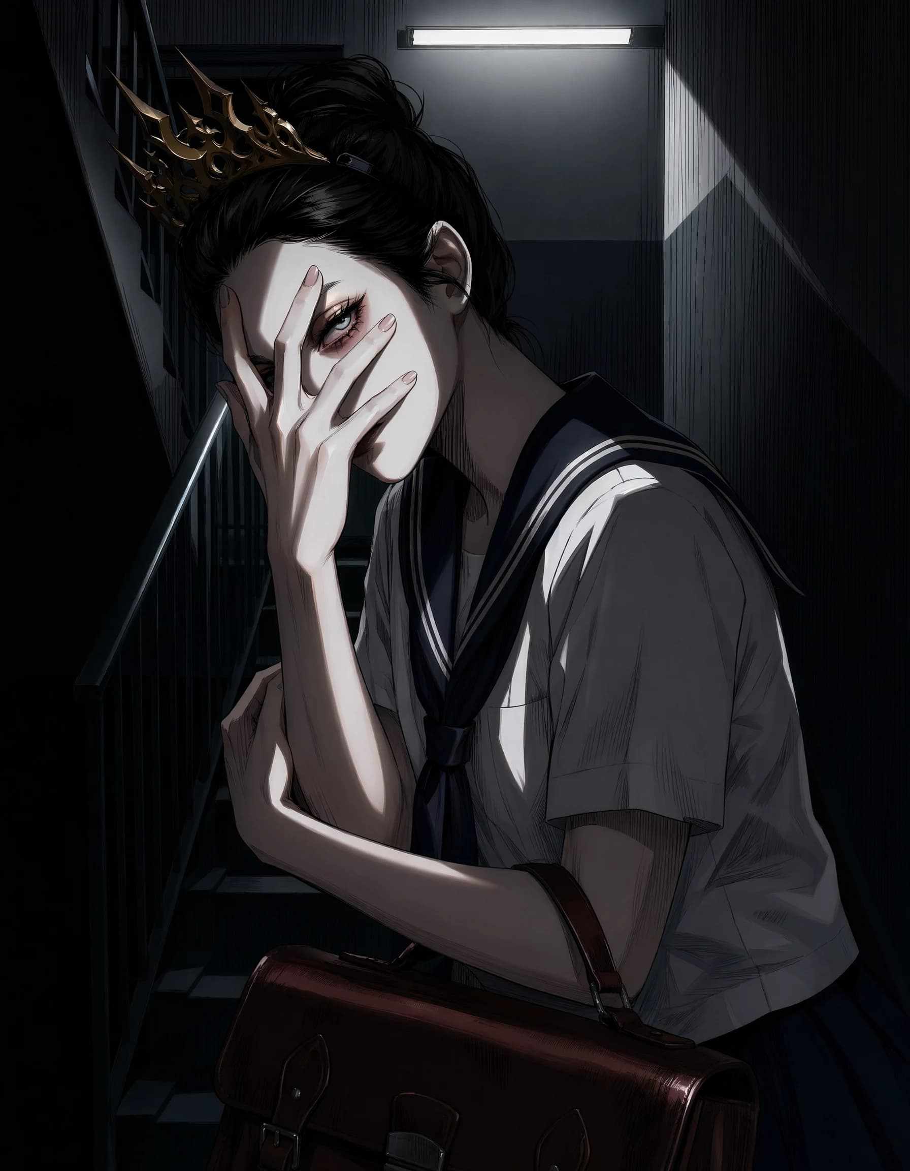 An anime illustration of a schoolgirl in a sailor uniform standing on a dim stairwell with one hand pressed to her face, wearing a small gold crown, a brown leather satchel on her hip, harsh fluorescent light from above.