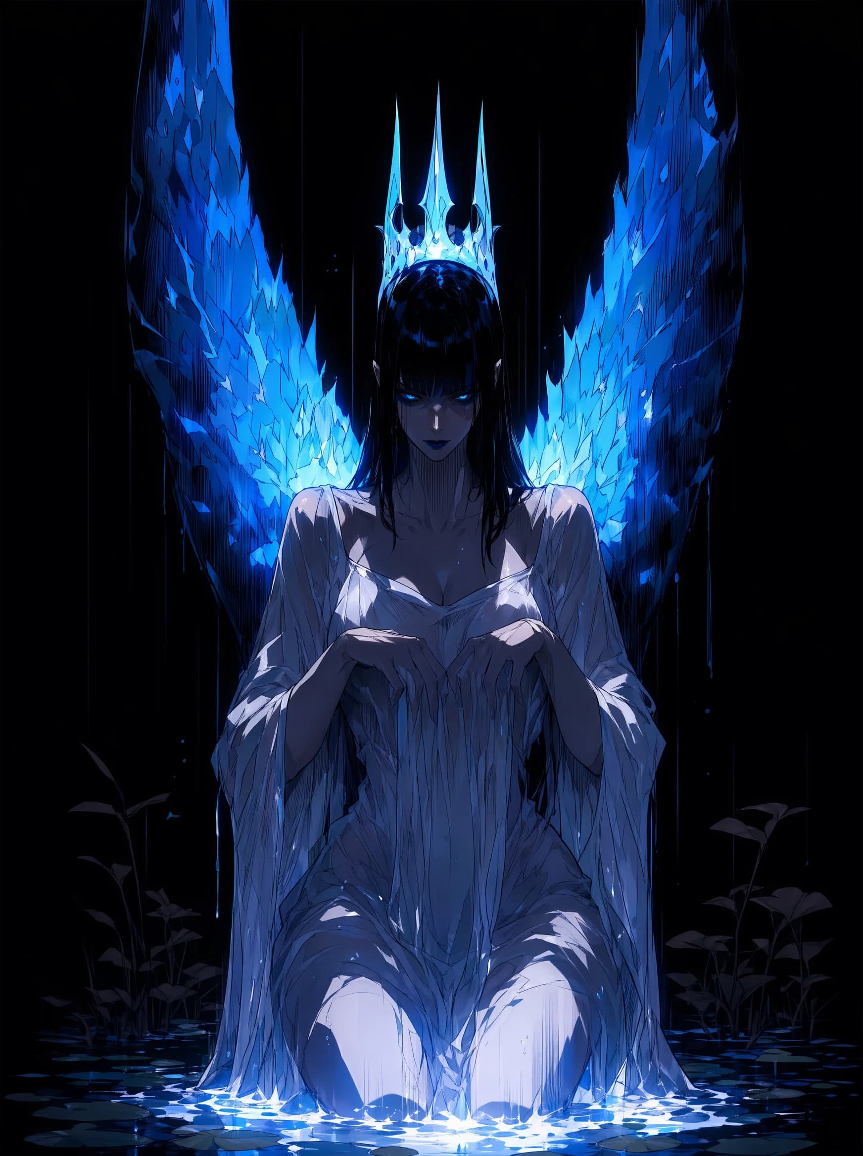 An anime illustration of a kneeling figure in shallow water at night, glowing blue crystal wings spreading behind, a crystalline crown on the head, long black hair, draped in a wet sheer white dress; small dark plants.