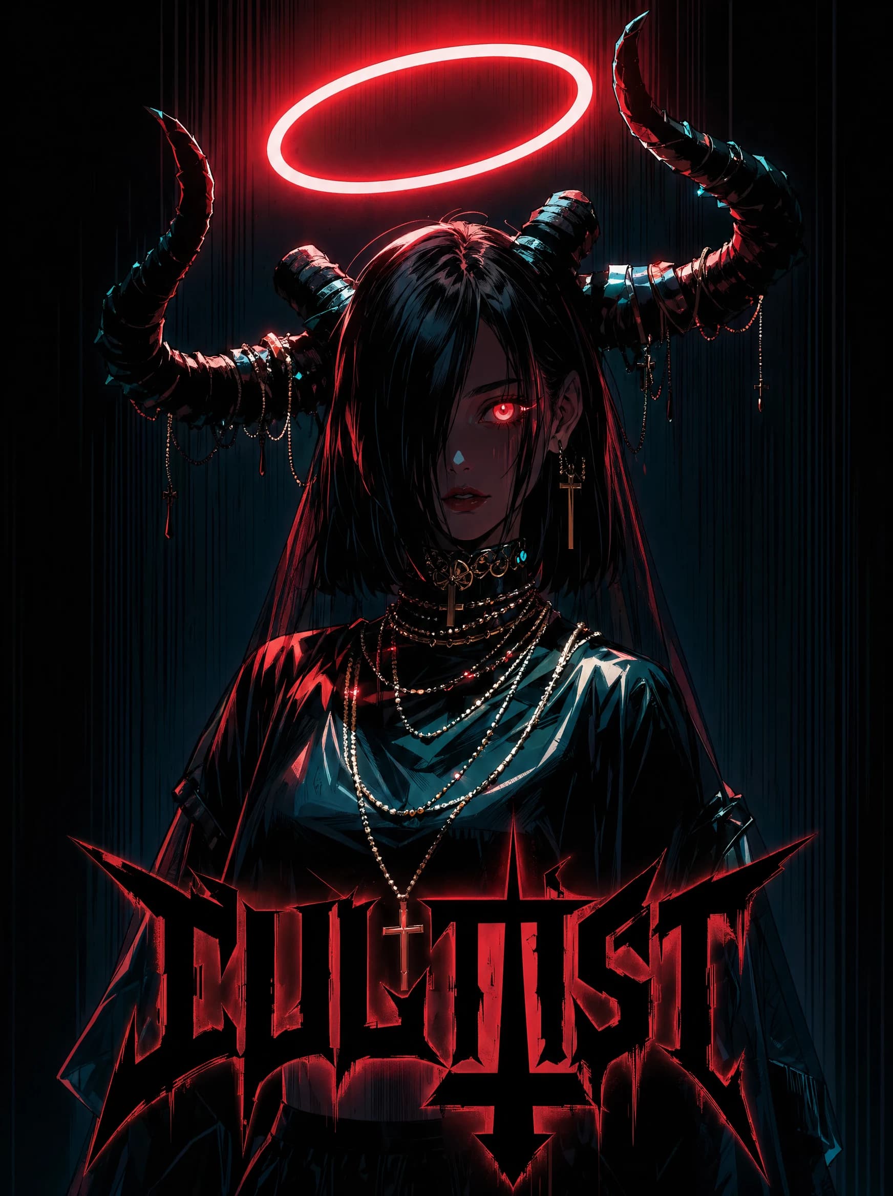 A horror-metal poster: a horned dark-haired figure with a glowing red halo, one red eye visible, draped in chains and a small cross necklace, against a near-black background; jagged metal-band-style "CULTIST" text.