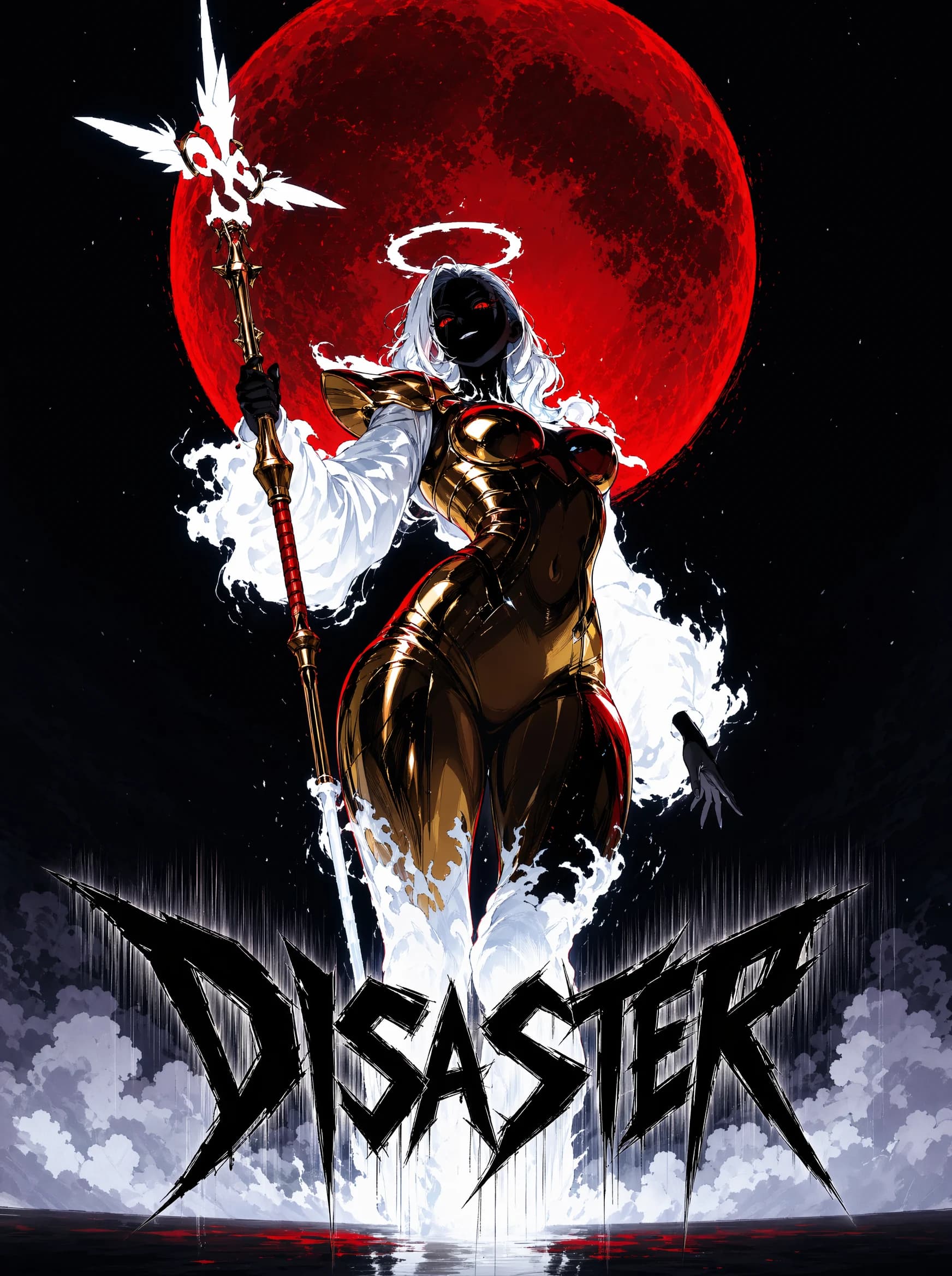 A heroic anime poster of a white-haired figure with a gold halo, glowing red eyes, a white cape and gold-plated armor, holding a tall cross-tipped staff with a small angel ornament, against a red full moon and white.