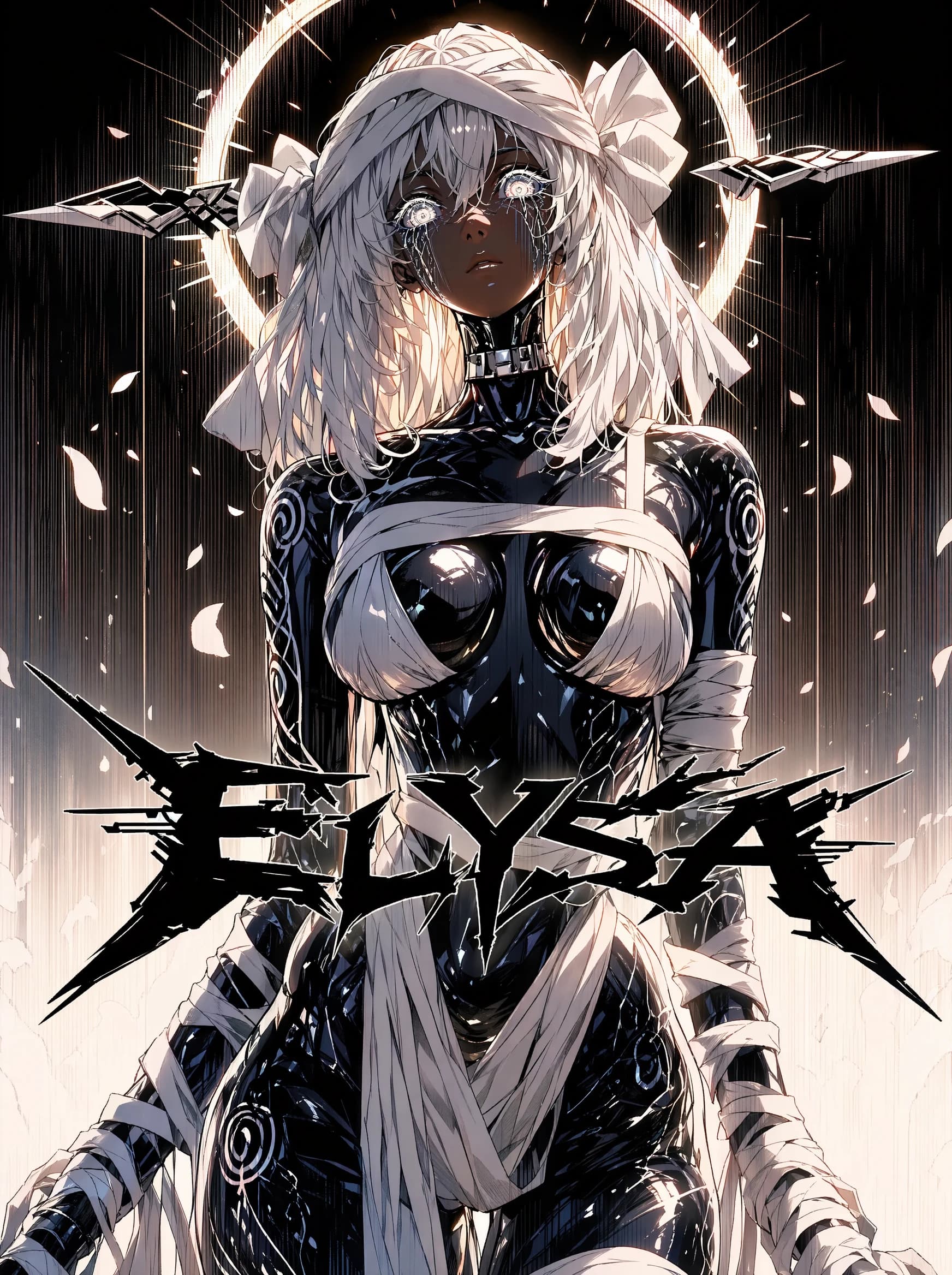 A black-and-white anime poster of a brown-skinned figure with white hair, white bandages, a tilted halo, glowing tear-streaked eyes, in a glossy black bodysuit with bandaged arms and stomach, against a near-black.