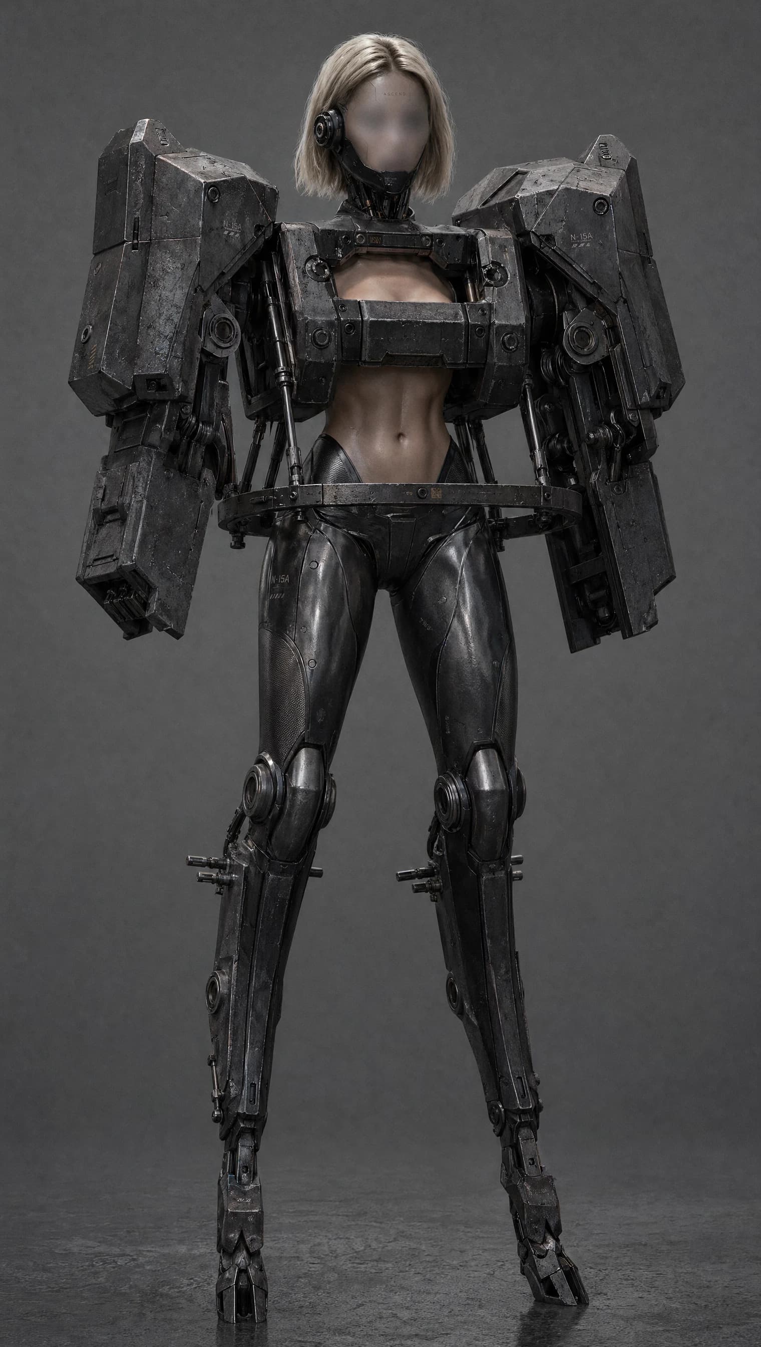 Photoreal concept art of a heavy mecha exoskeleton: massive boxy shoulder cannons, suspended torso frame, mech legs, blonde bob figure at the center, dim grey studio backdrop.