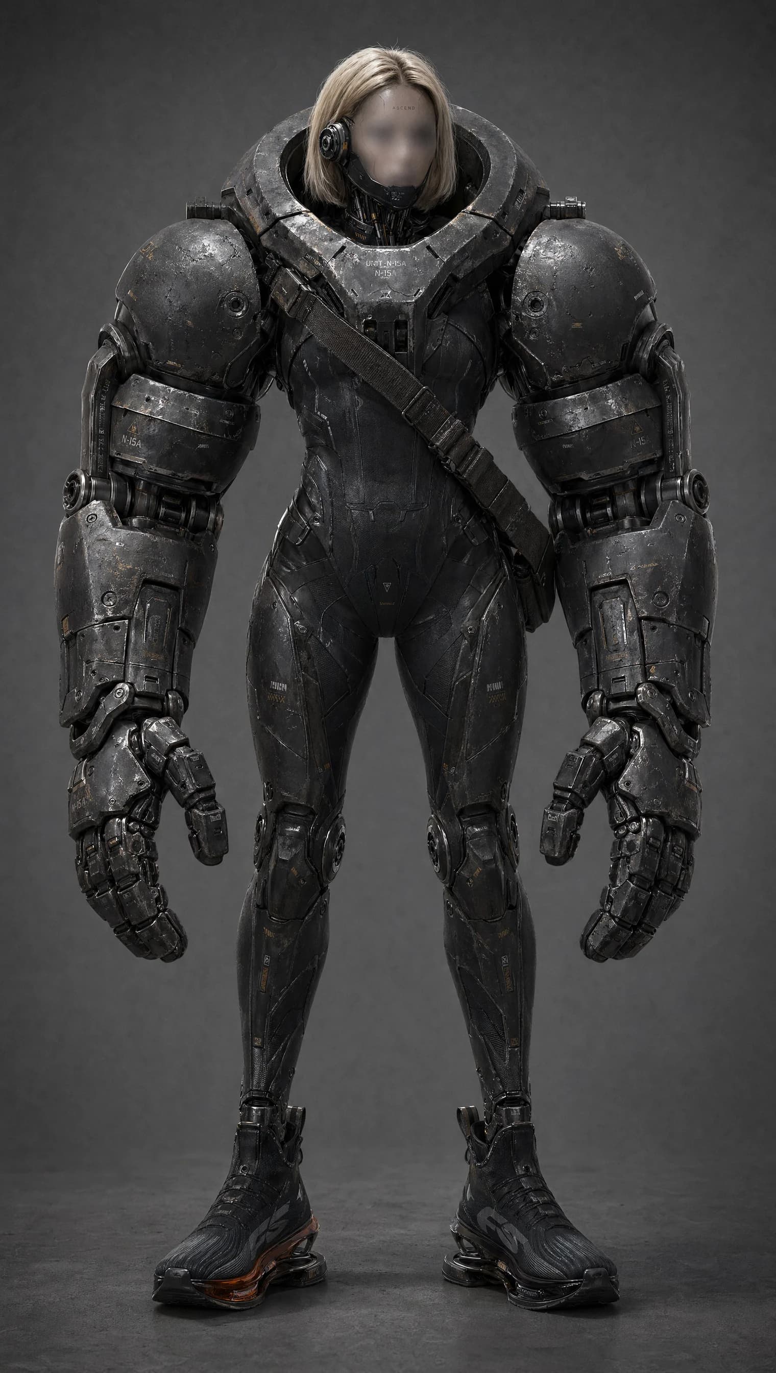 Photoreal armor study: blonde bob figure in heavy ballistic gauntlets, sealed chest plate with neck collar, full armored bodysuit, dark sneakers, against a grey backdrop.