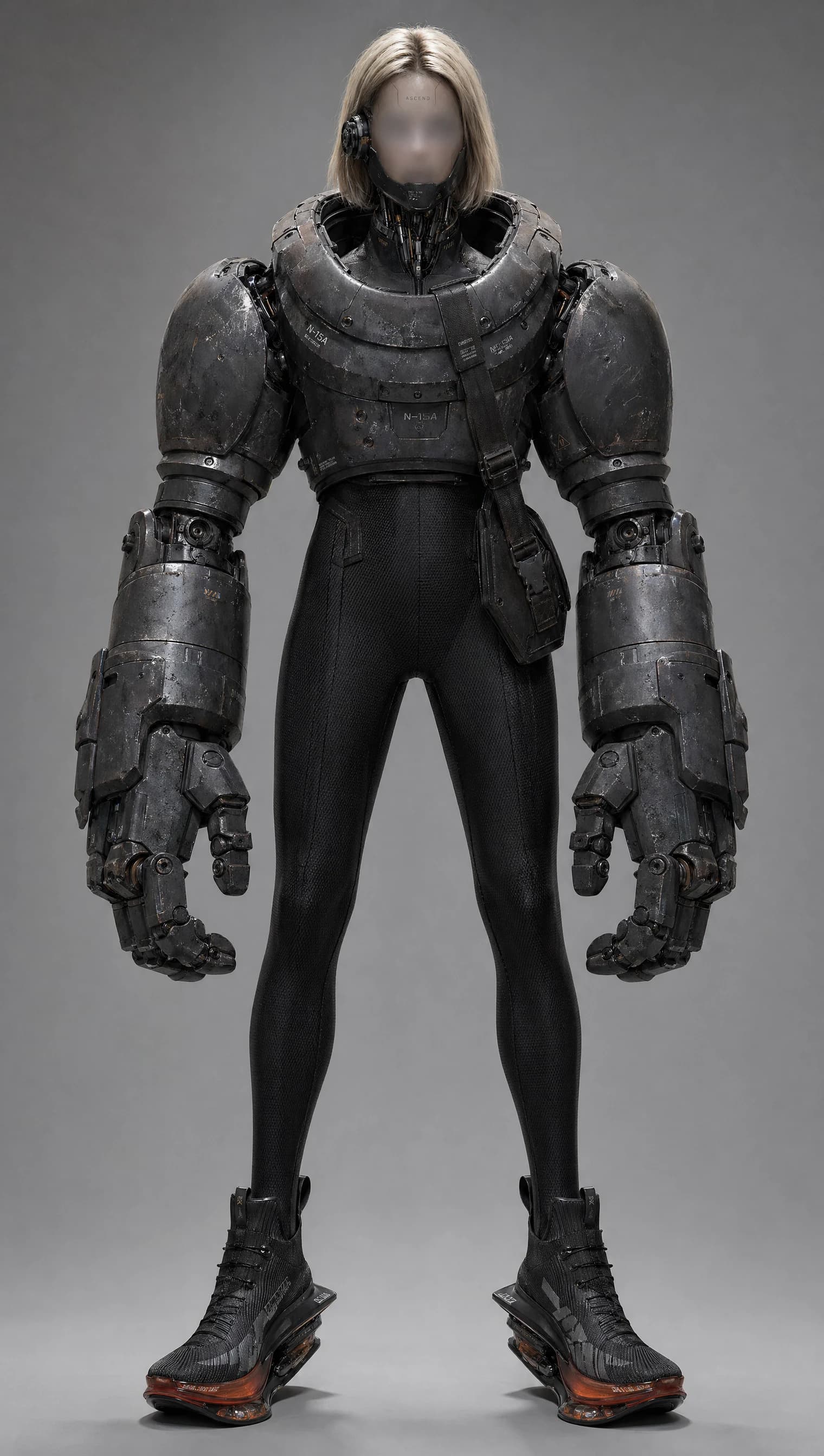 Photoreal armor study: heavy gauntlets and chest cuirass over a black bodysuit with no leg armor, blonde bob figure in sneakers, grey backdrop.