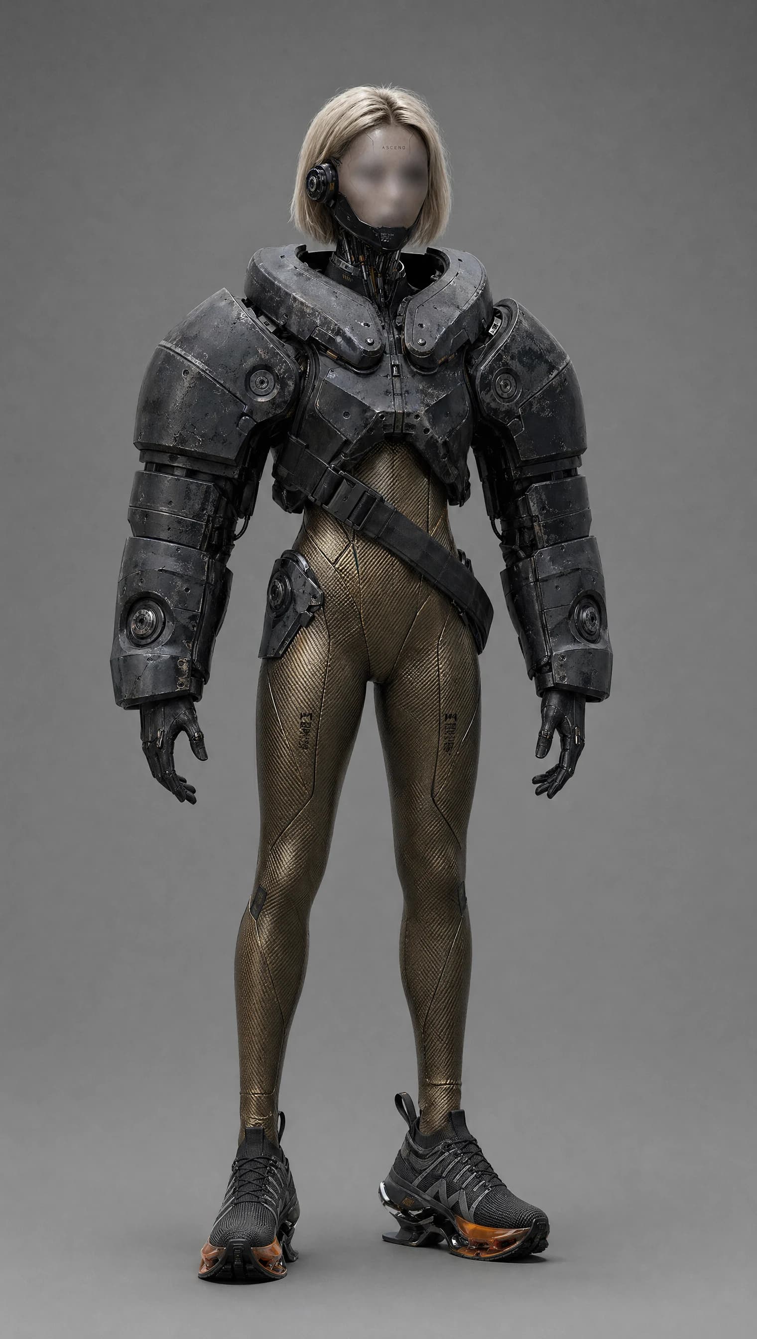 Photoreal armor study: cropped chest cuirass and gauntlets revealing midriff, gold hexagonal mesh bodysuit underneath, blonde bob figure, grey backdrop.