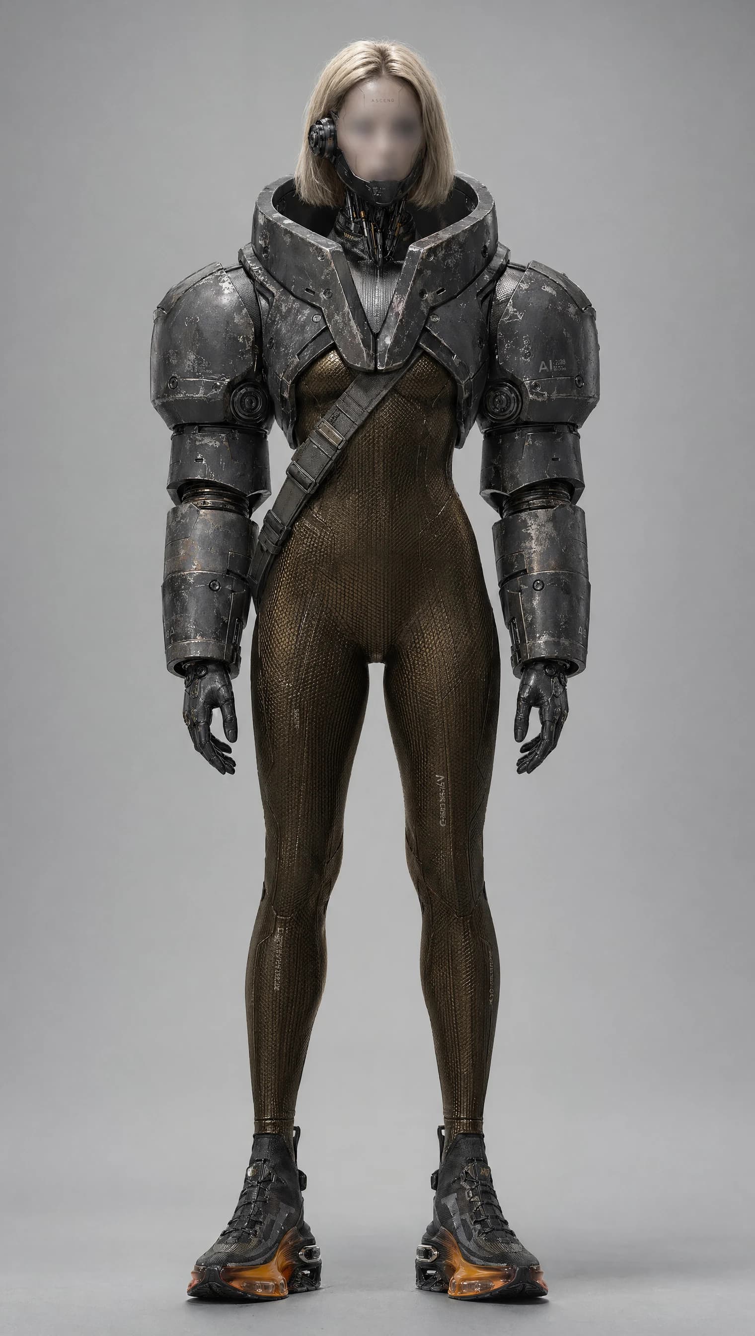 Photoreal armor study: chest plate and pauldrons over a gold-mesh bodysuit, full armored arms, sneakers, grey backdrop.