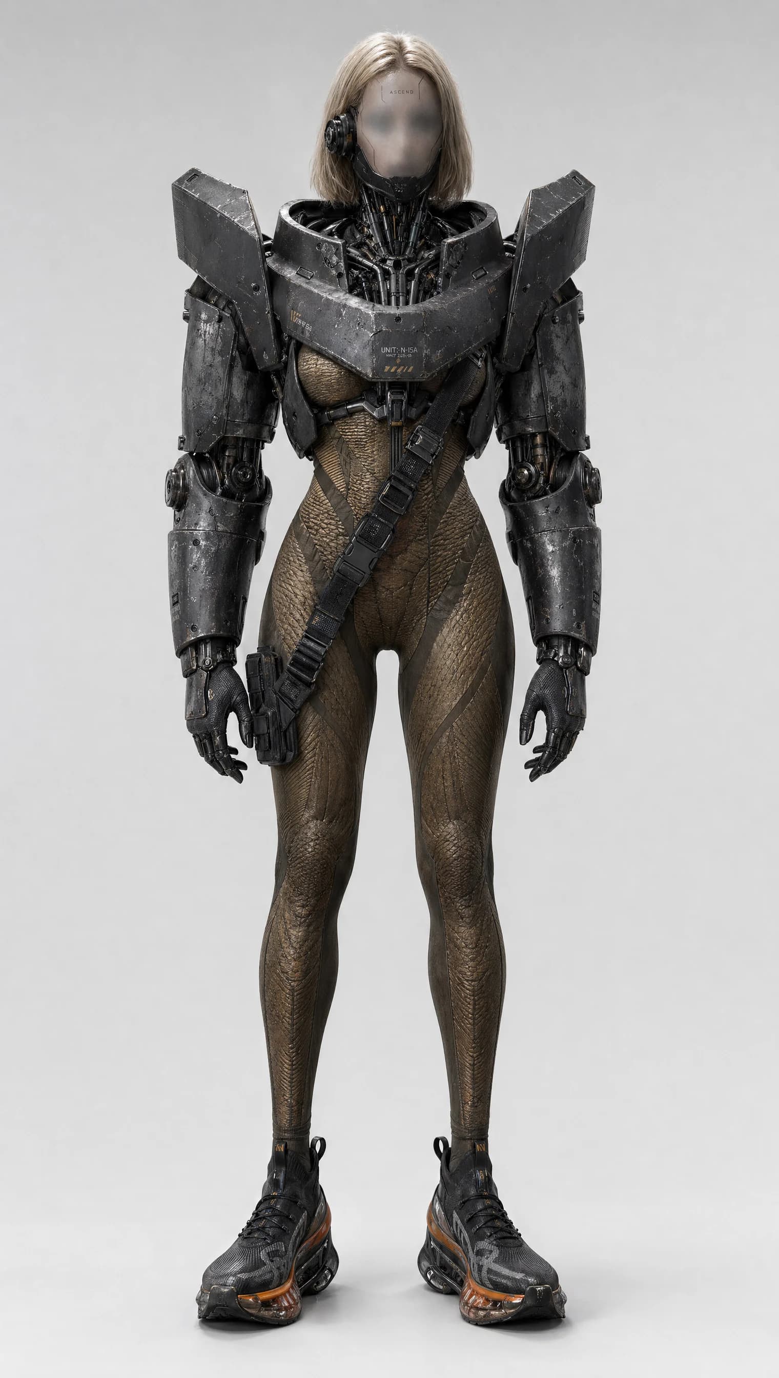 Photoreal armor study: minimal shoulder cradle and chest plate over a transparent gold-mesh bodysuit, less coverage than the rest, grey backdrop.