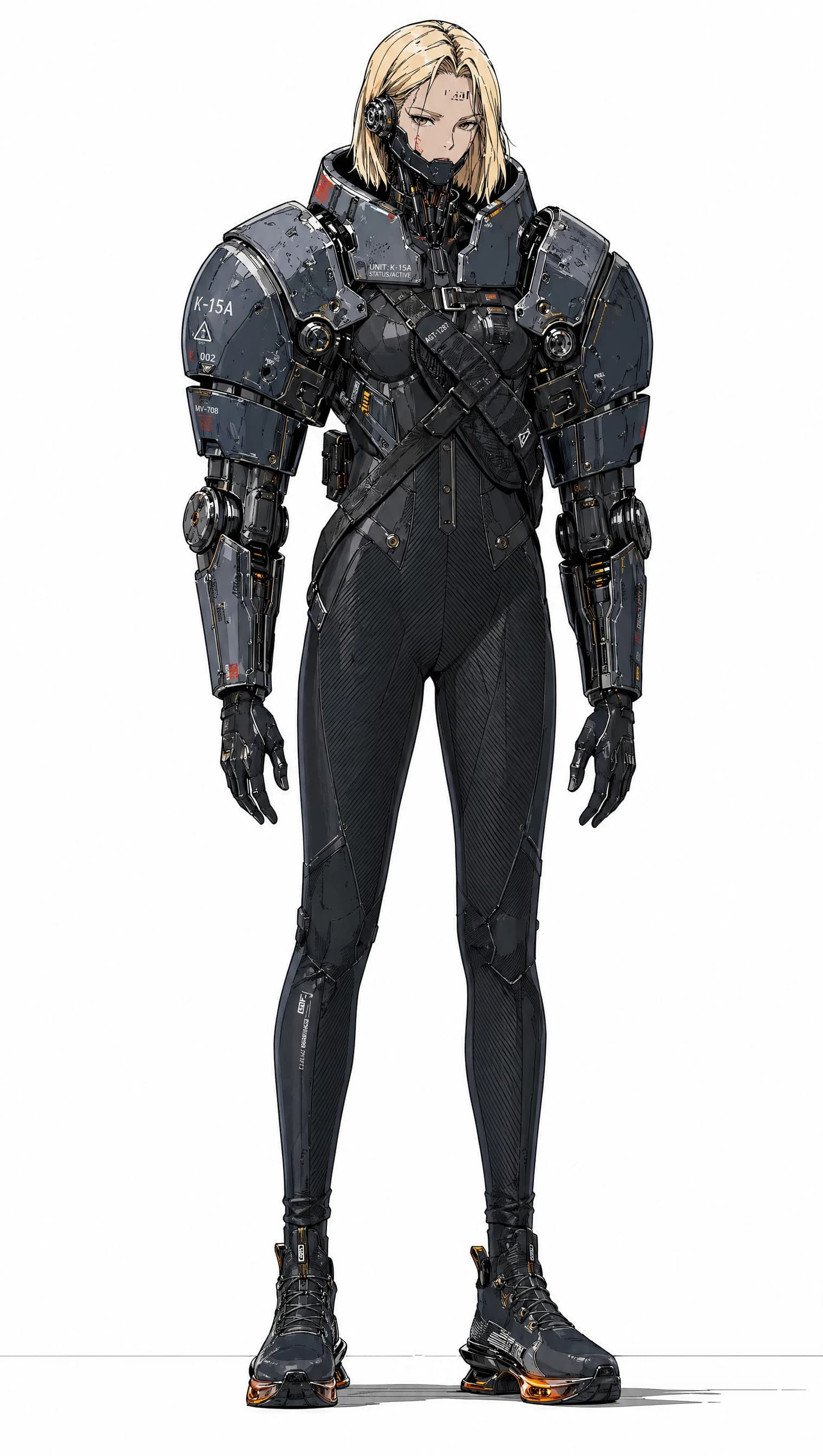 Anime version of the same character in a lighter armor configuration: dark grey shoulder pauldrons and chest plate over a black bodysuit, blonde bob, near-white background.