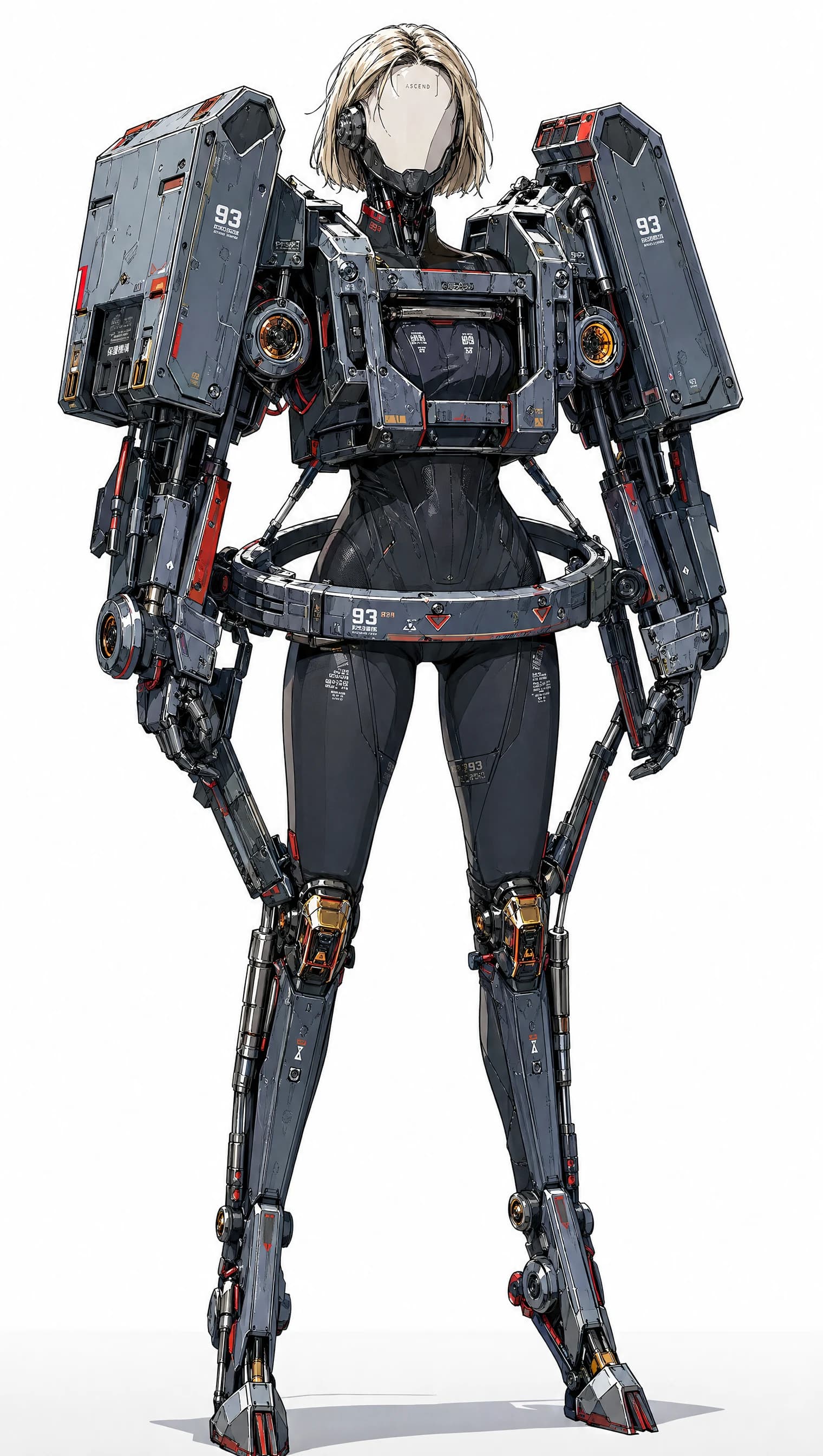 Anime concept art of a blonde bob figure in a heavy mecha exo-frame: oversized shoulder cradles with magazine slabs, grey-and-orange accents, the unit number 93 stenciled across the plate, near-white background.