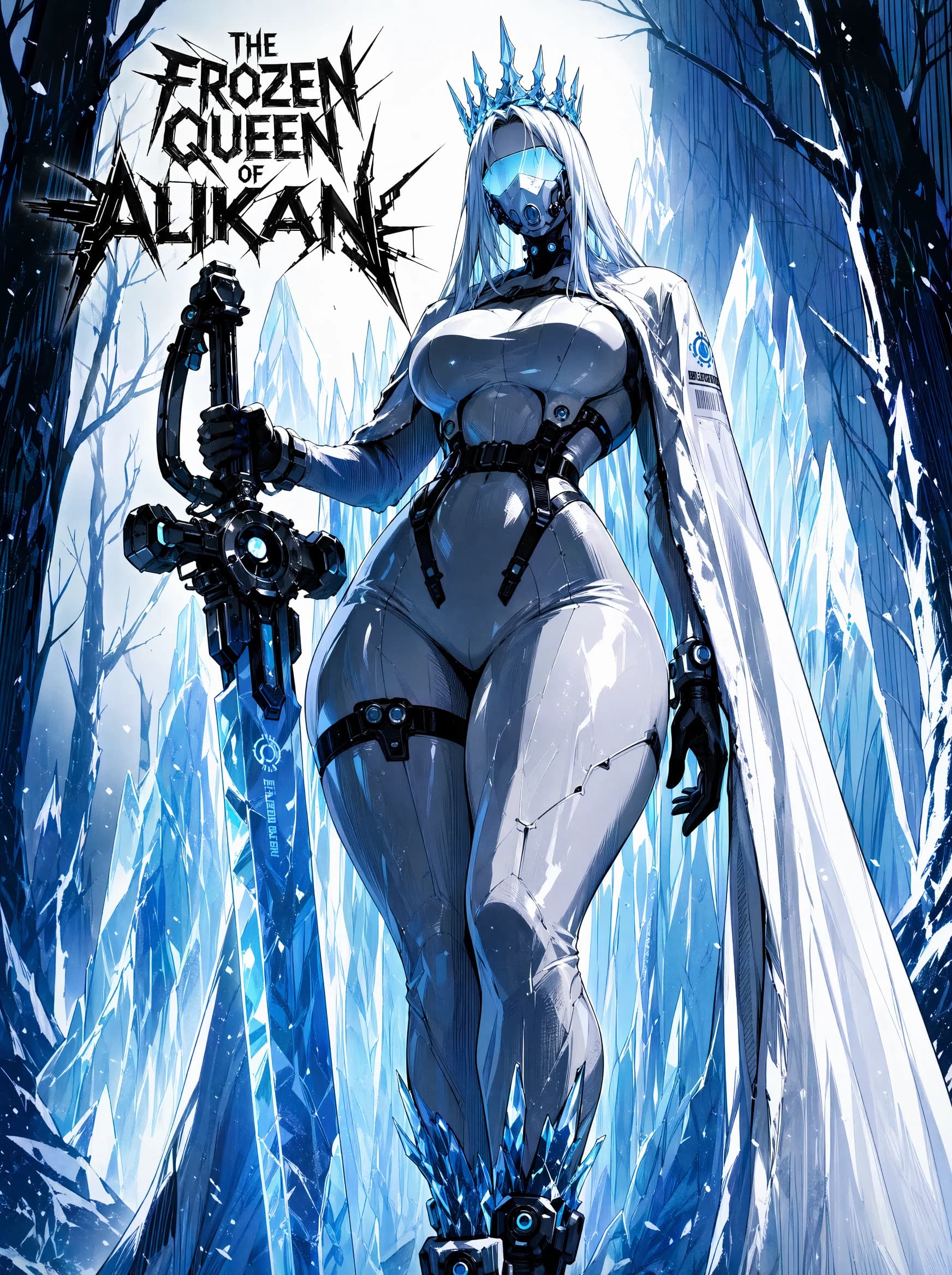 A fantasy poster of a tall white-haired figure in a pale blue armored bodysuit and white cloak, jagged ice crown with a glowing blue visor across the eyes, holding an oversized mechanical sword resting tip-down on a.