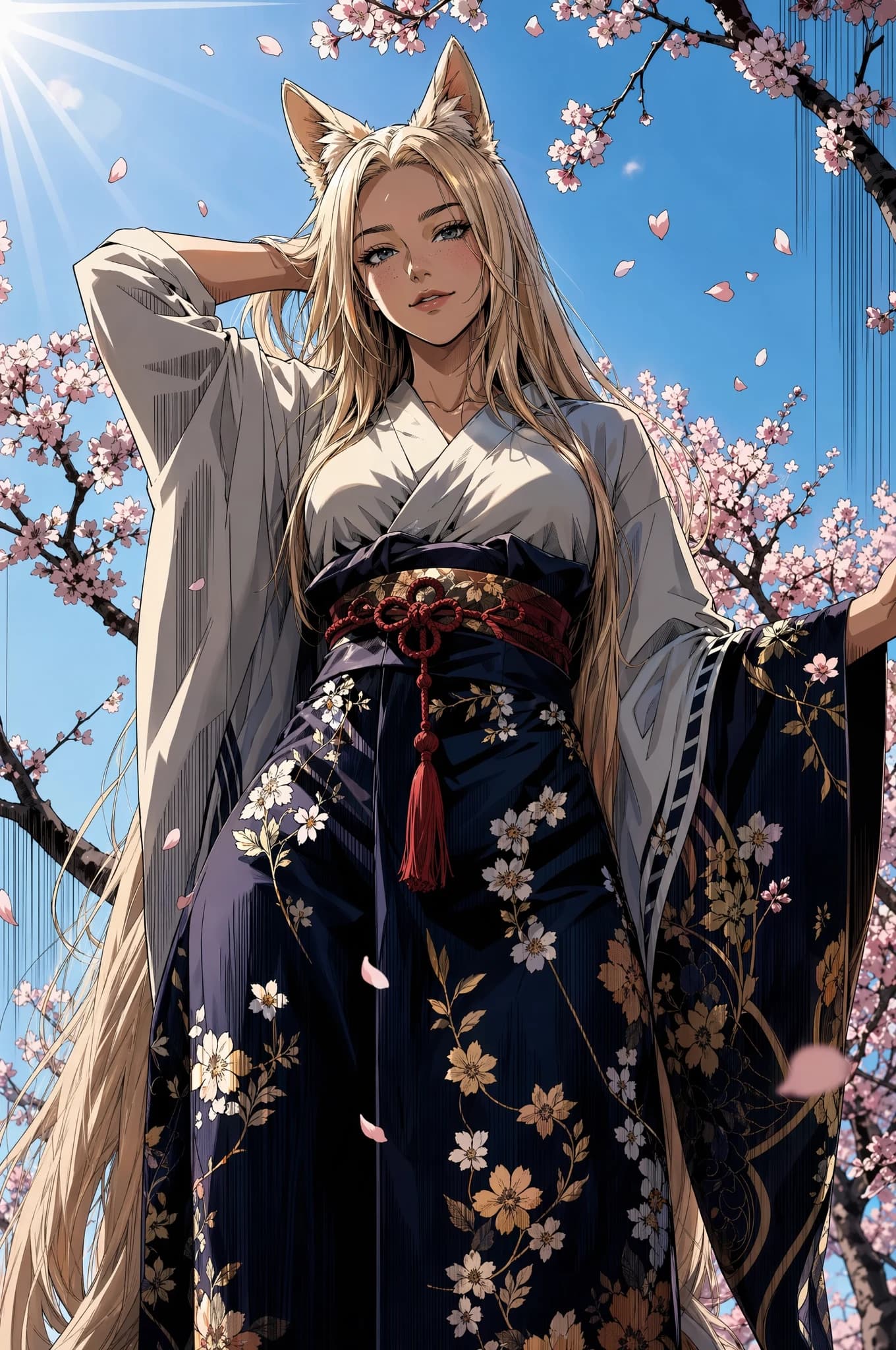 Full-body anime illustration of a blonde fox-eared figure under a cherry blossom canopy, wearing a white robe over a dark floral kimono and a red obi with a hanging tassel, against a bright blue sky with falling petals.