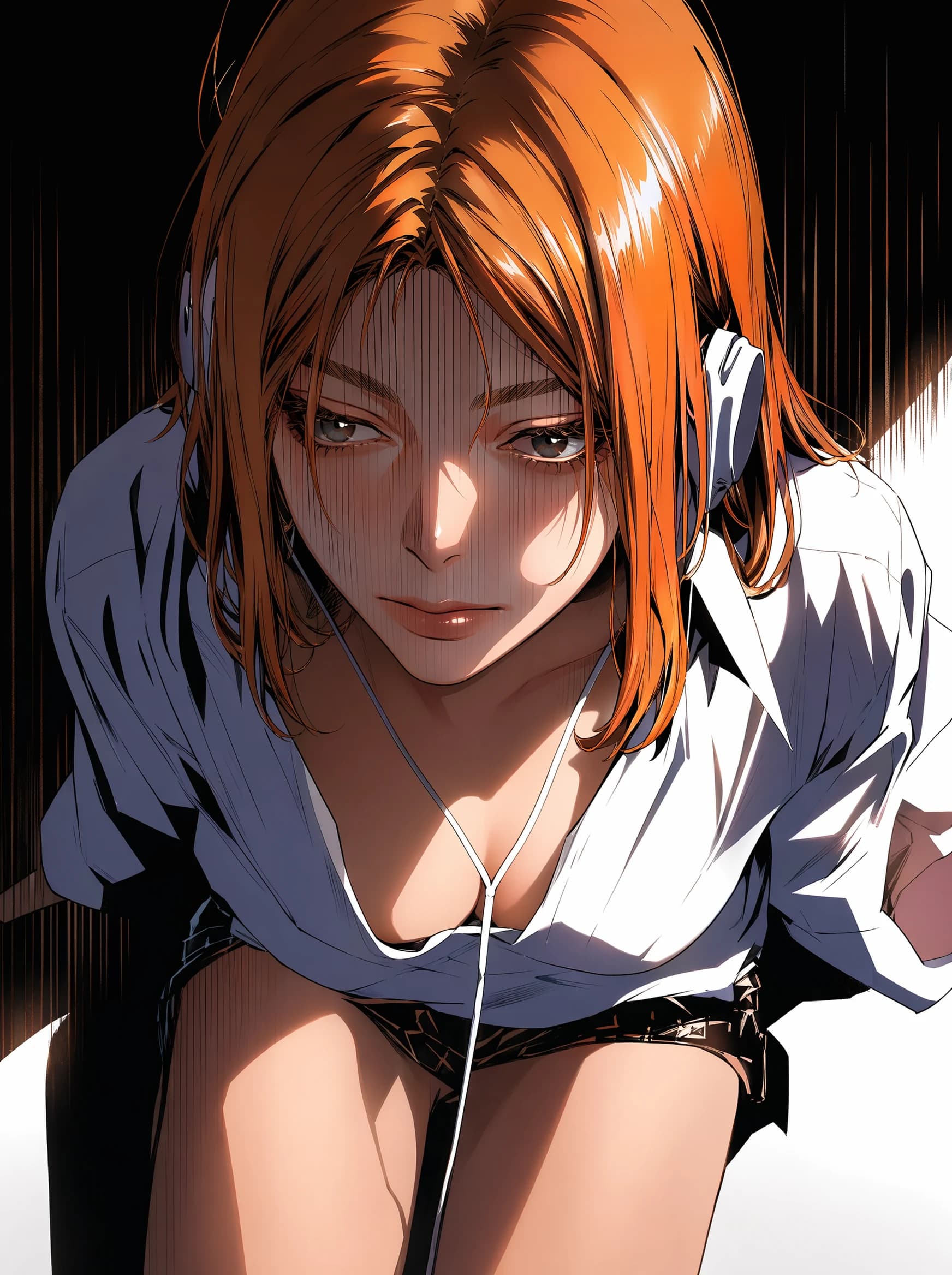 An anime-style portrait of an orange-haired figure leaning forward in an oversized open white shirt, earbuds running off-frame, background fading from black to bright.
