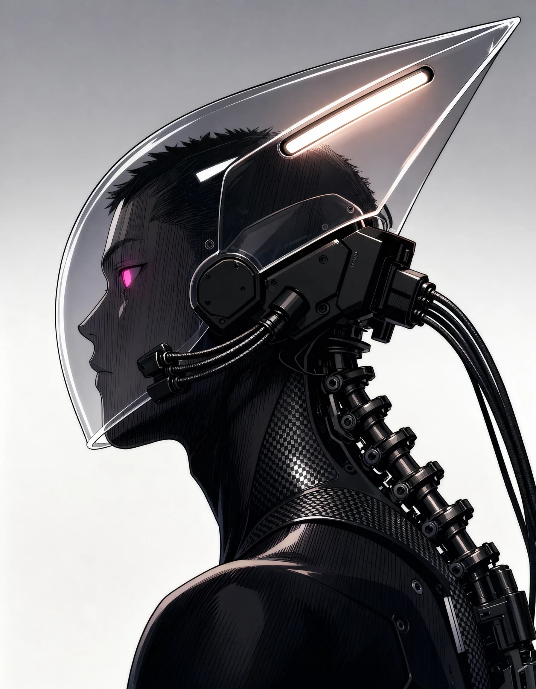 A side-profile anime portrait of a cyborg figure with a translucent angular hood lit by a horizontal LED, dark short hair, a single magenta eye, hex-faced jaw plating, and a heavily articulated black robotic neck.