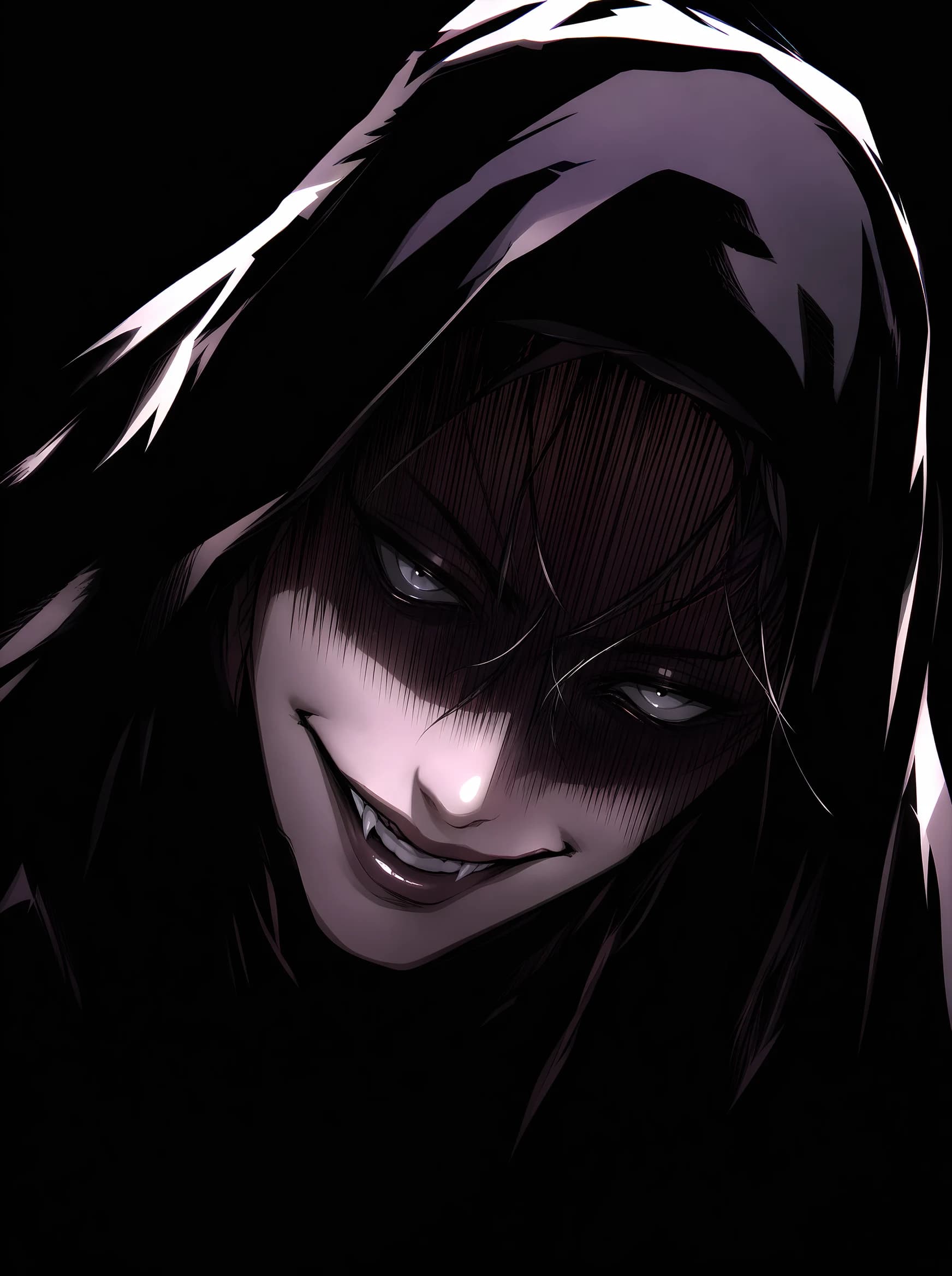 A close anime-style portrait of a hooded figure half-lit against deep black, mouth open in a sharp grin showing one canine; only pale skin, eyes, and teeth catch the light.