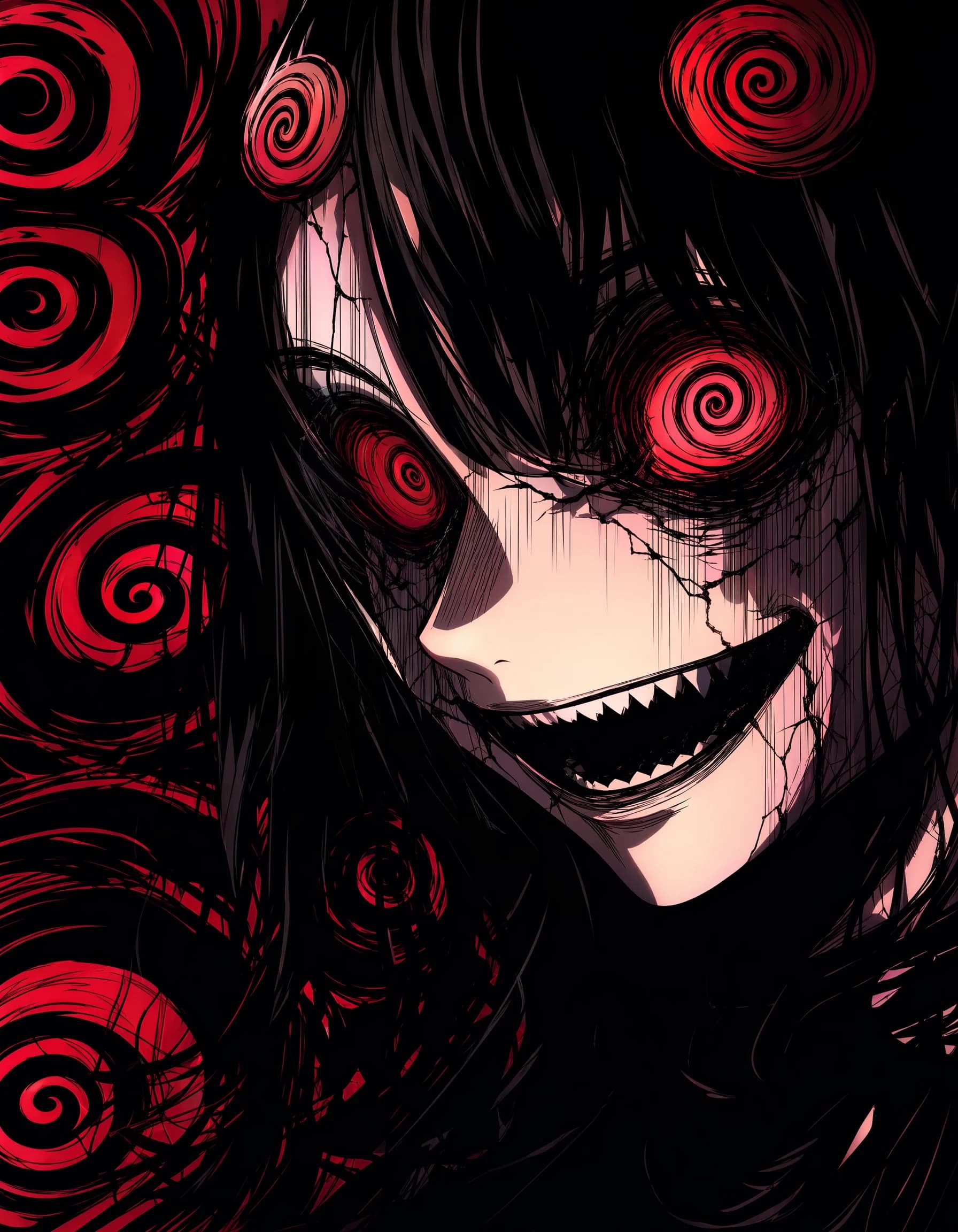 A horror anime portrait of a black-haired pale figure with two red spiral eyes and a wide shark-tooth grin, the face cracked with thin black lines, surrounded by floating red spiral motifs against a dark background.