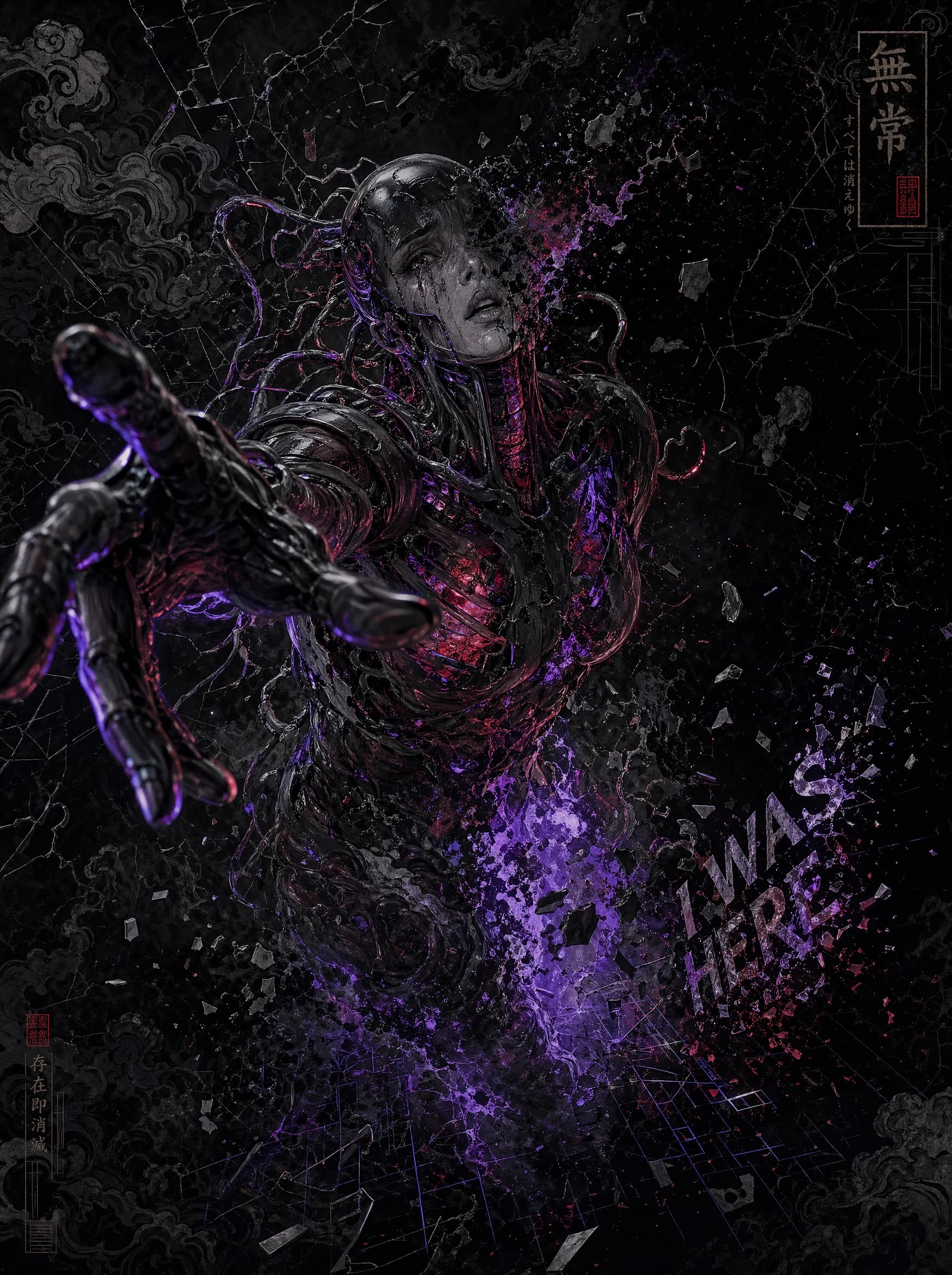 A dark anime poster of a thin grey humanoid figure shattering apart into purple and red particles, with the words "I WAS HERE" hand-written in violet at the lower right and a vertical Japanese seal in the upper right.