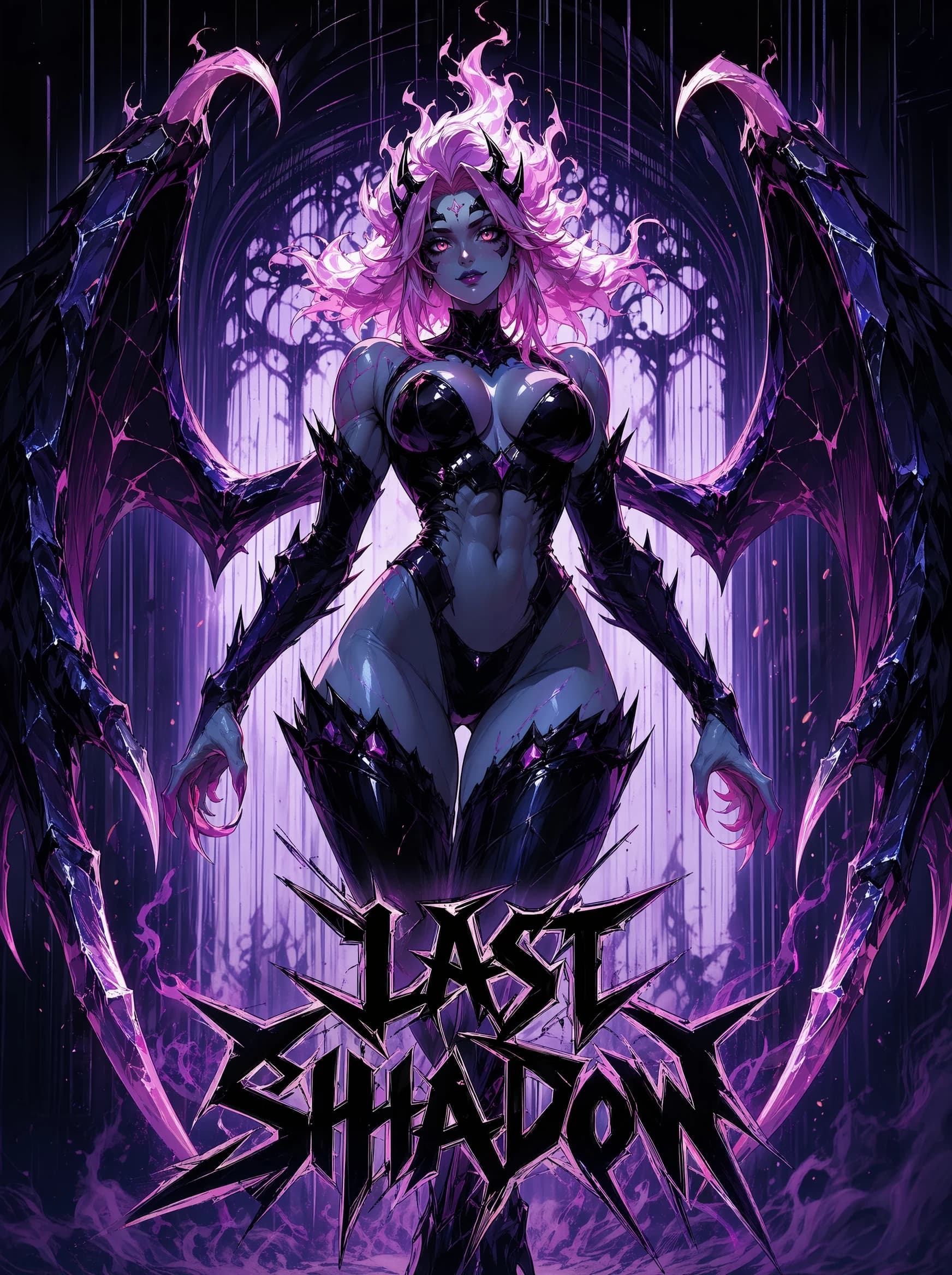 A dark fantasy poster of a pink-haired violet-skinned figure with batwings and clawed gauntlets, glossy black bodysuit, against a thorn-cathedral of gnarled black branches; jagged metal-band title "LAST SHADOW" runs.