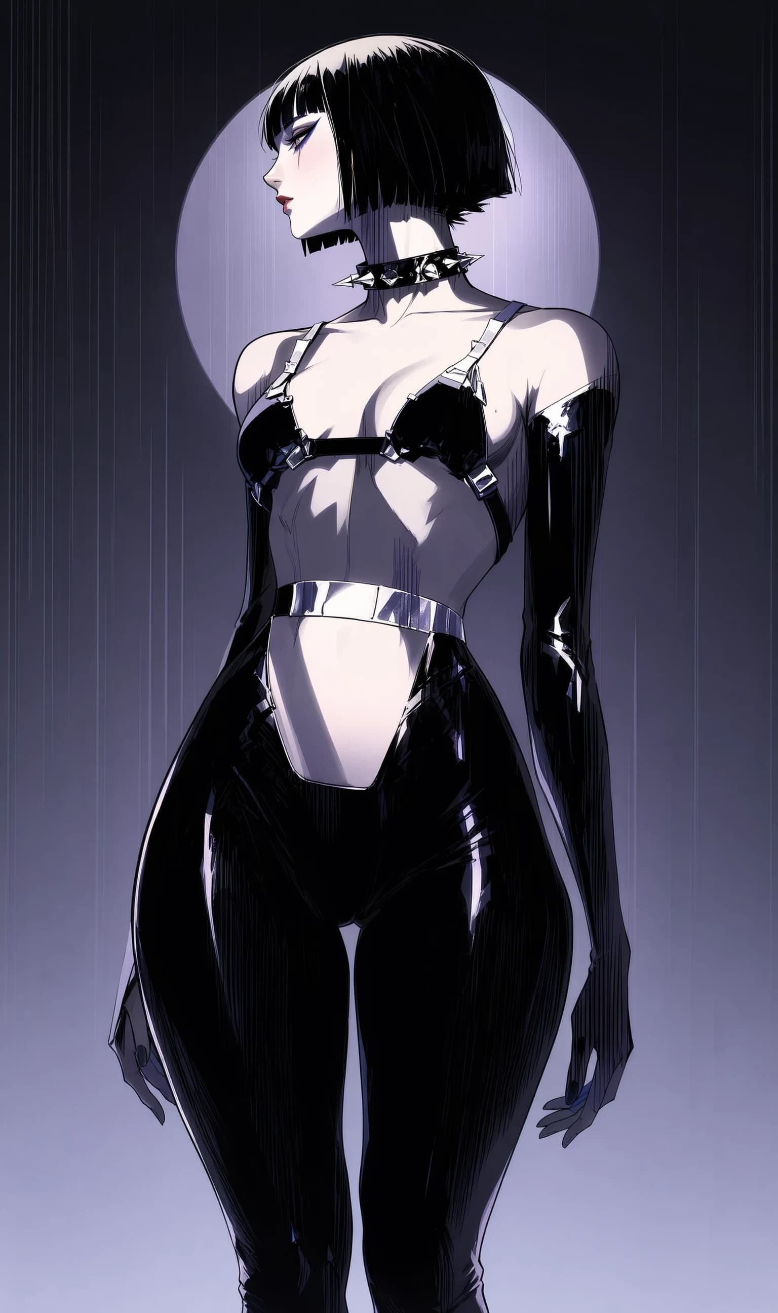 A monochrome anime full-body of a dark-bobbed figure in side profile against a small white spotlight halo, wearing a spiked metal choker, glossy black bra-harness with chrome buckles, a thin chrome waist belt, and tight.