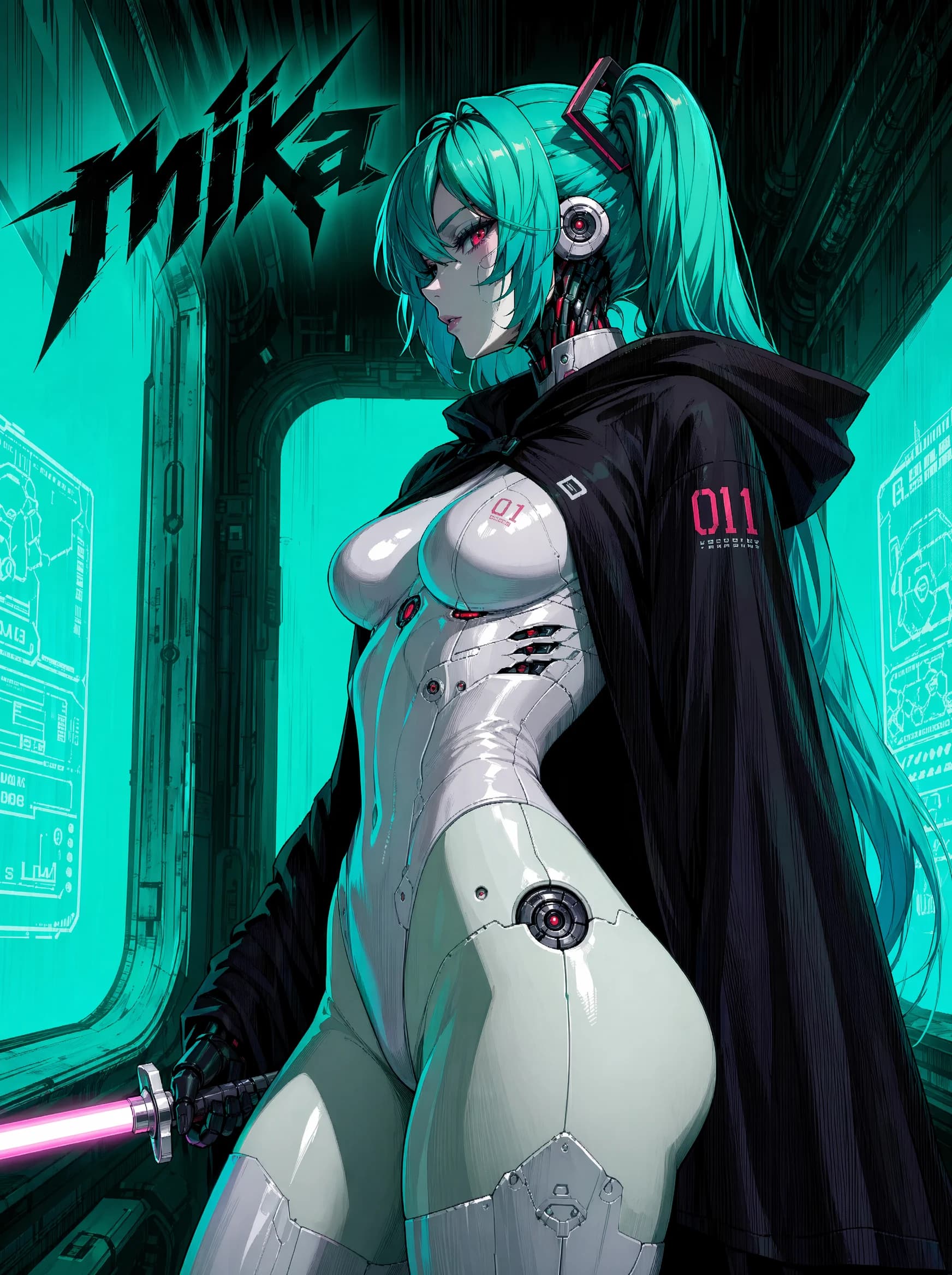 A cyan-toned cyberpunk anime poster of a teal-haired figure with twin tails and a black hooded cloak, white robotic body, holding a magenta saber, against a teal and black sci-fi corridor; jagged title "mika" runs.