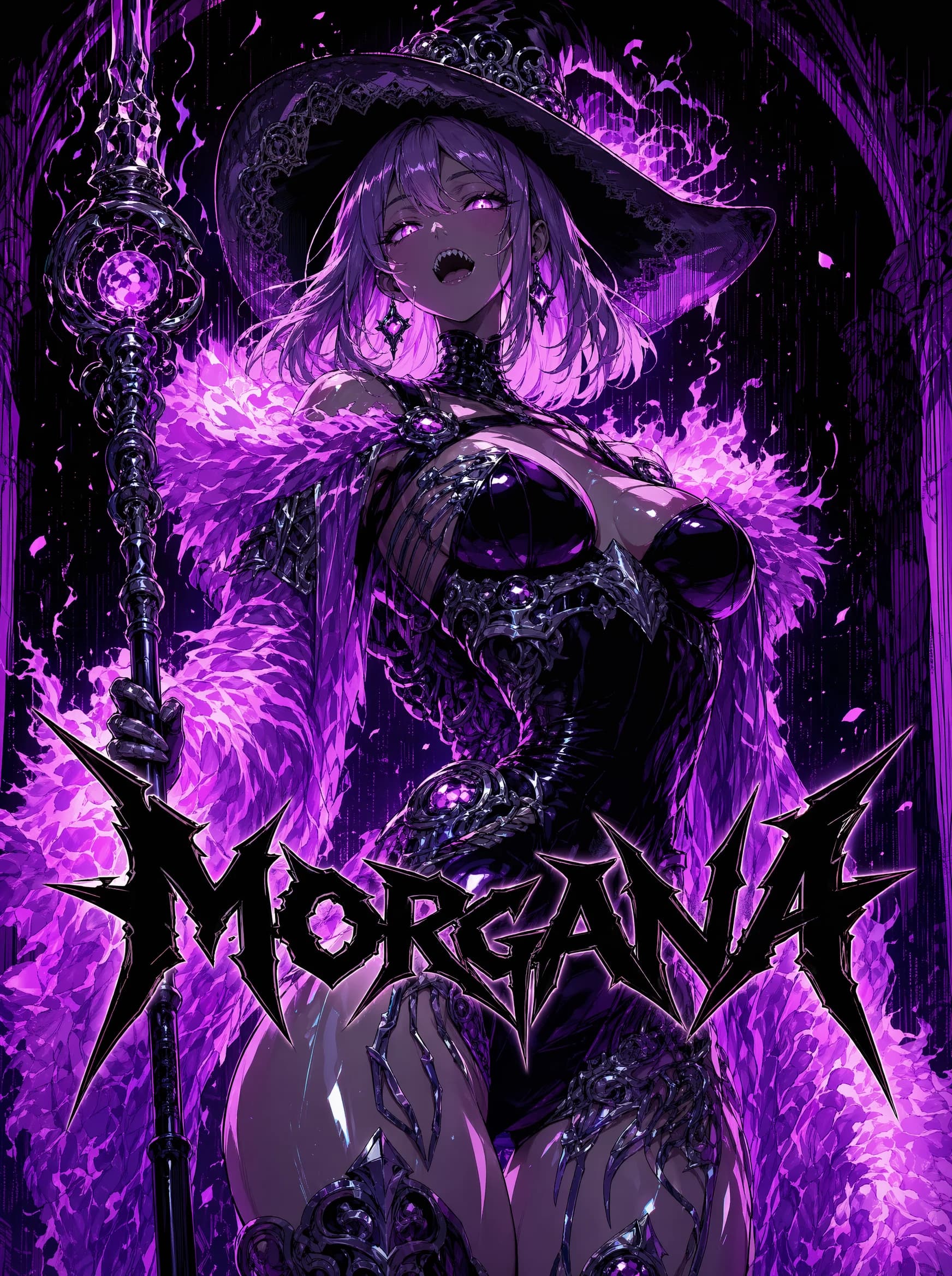 A purple-flame anime poster of a witch with silver bobbed hair, large floppy black hat, glowing pink eyes, in a black corset with chain trim and lavender fur shawl, holding a tall ornate staff topped with a glowing orb.