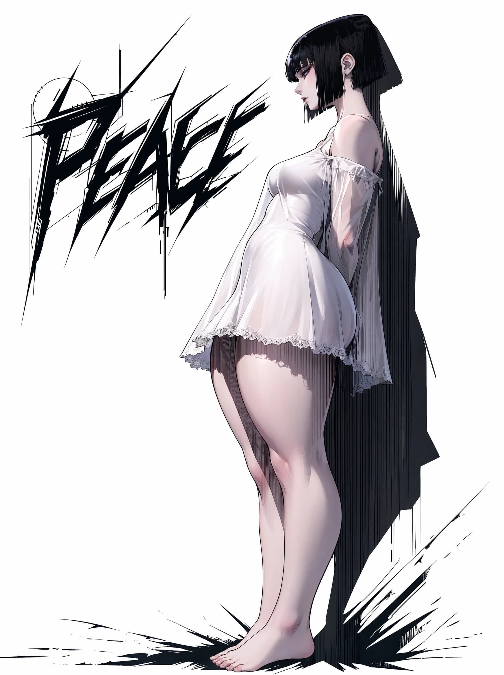 A side-profile anime full-body of a barefoot dark-haired bobbed figure standing in a sheer white slip dress against a near-white background, hand resting on the hip, with jagged black title "PEACE" upper left.