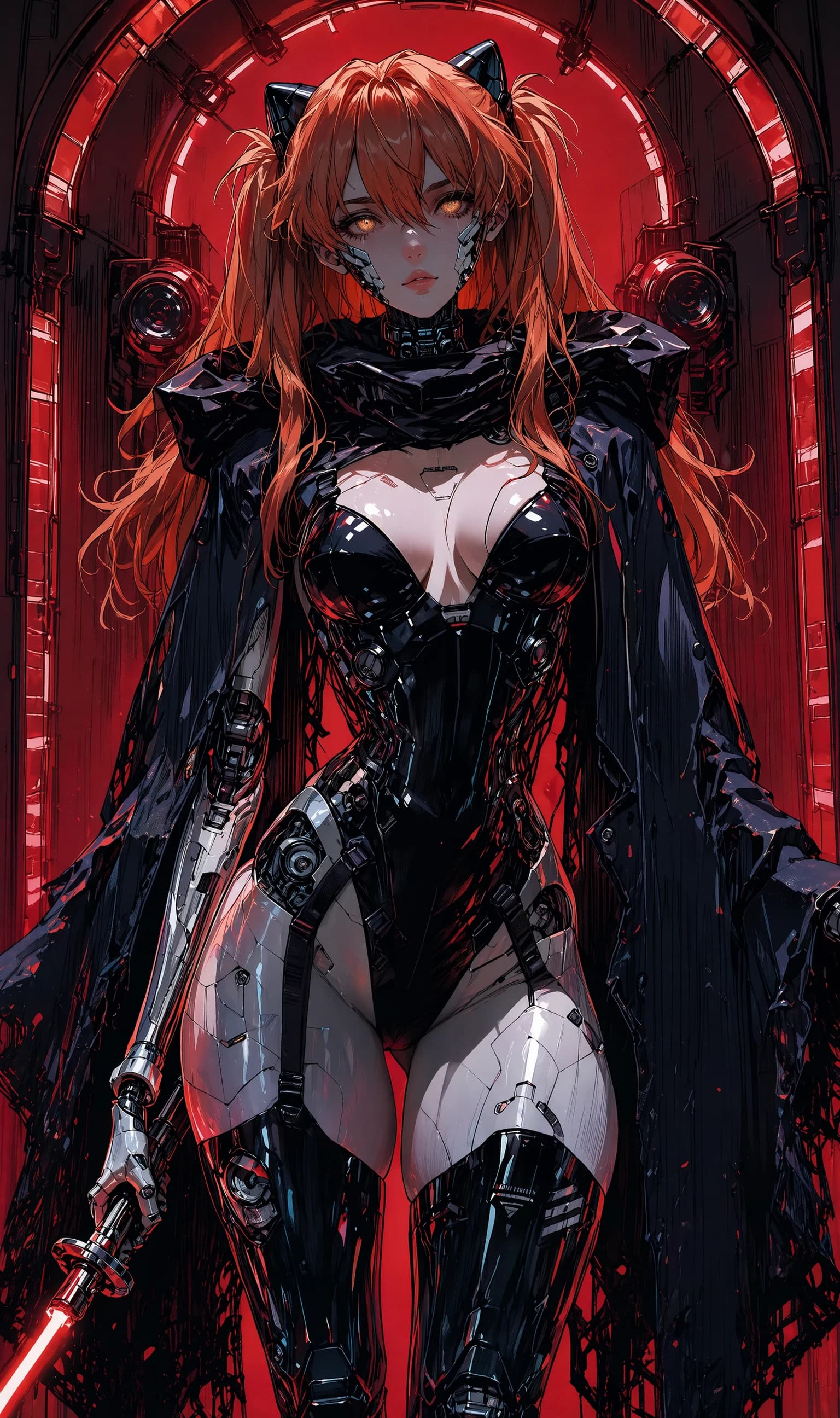 An anime cyberpunk illustration of a cat-eared figure with orange hair and red glowing eyes, in a black latex bodysuit with cybernetic legs, holding a red lightsaber, against a red lit archway with neon discs.