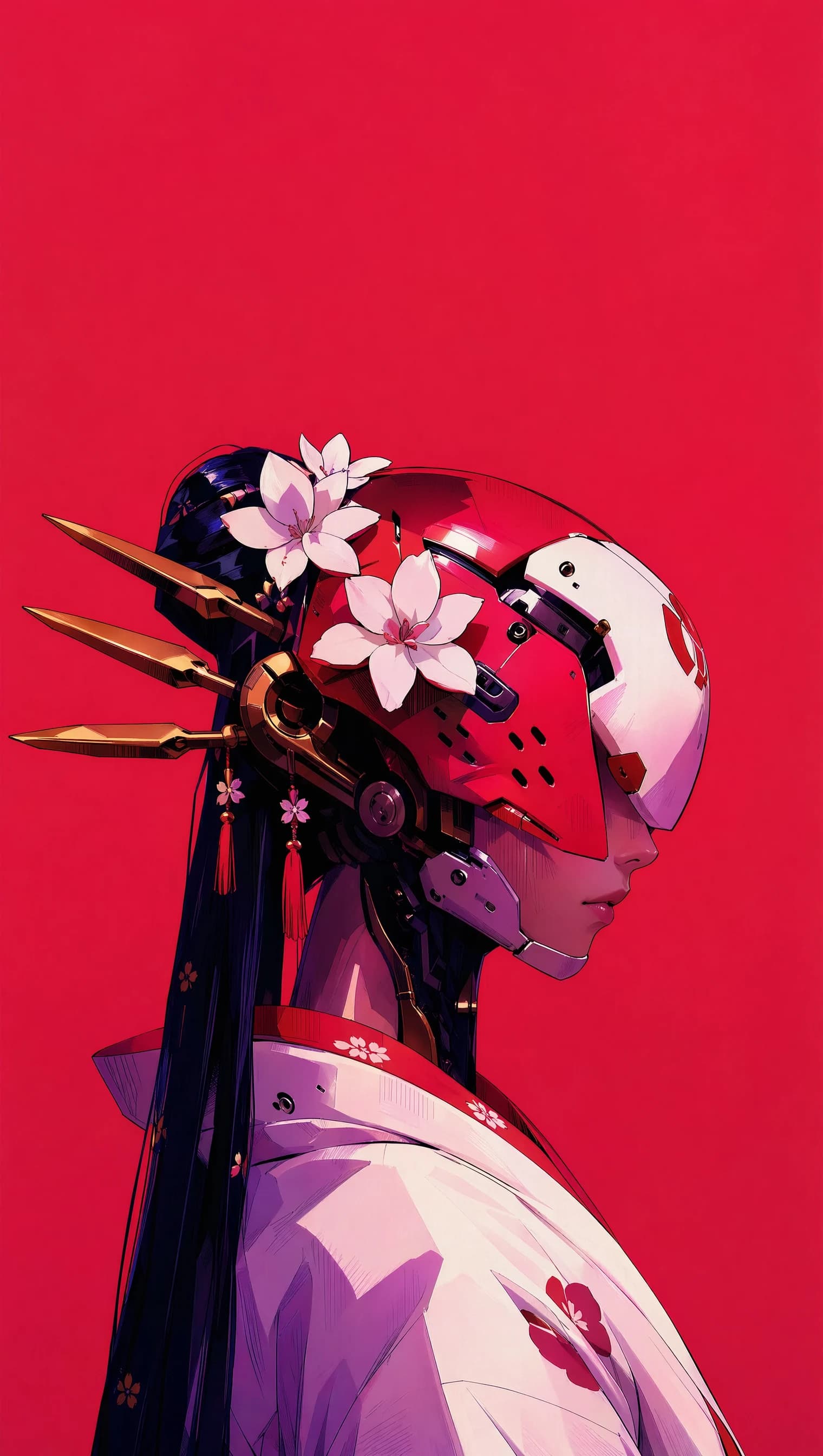 A side-profile anime portrait of a cyber-geisha against a flat red background: long black hair tied through a red riveted helmet that covers the upper face, white lily flowers tucked at the temple, gold needle hairpins.